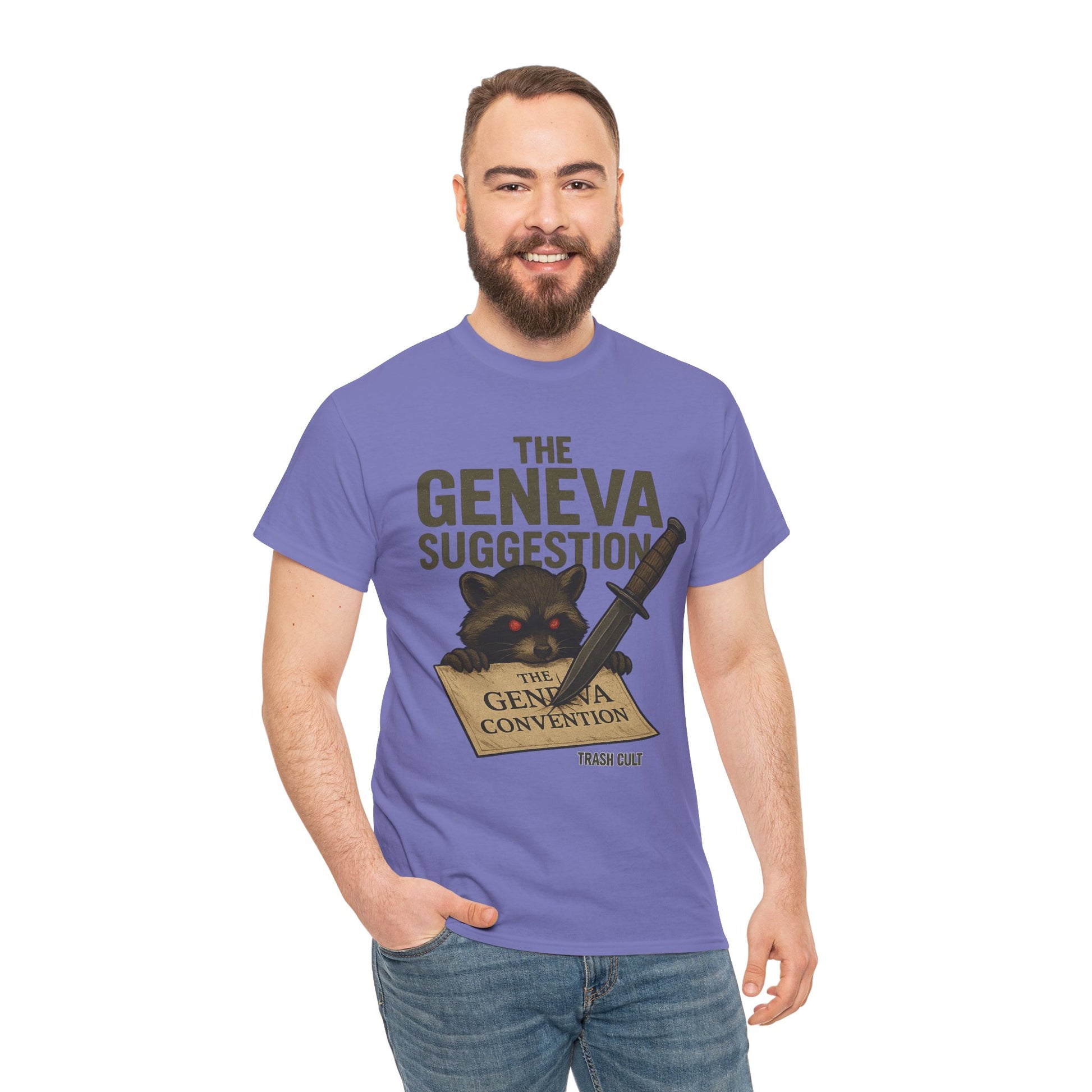 The Geneva Suggestion T-Shirt – Tactical Raccoon Dark Humor Tee | Trash Cult Supply Co. | Gildan 5000