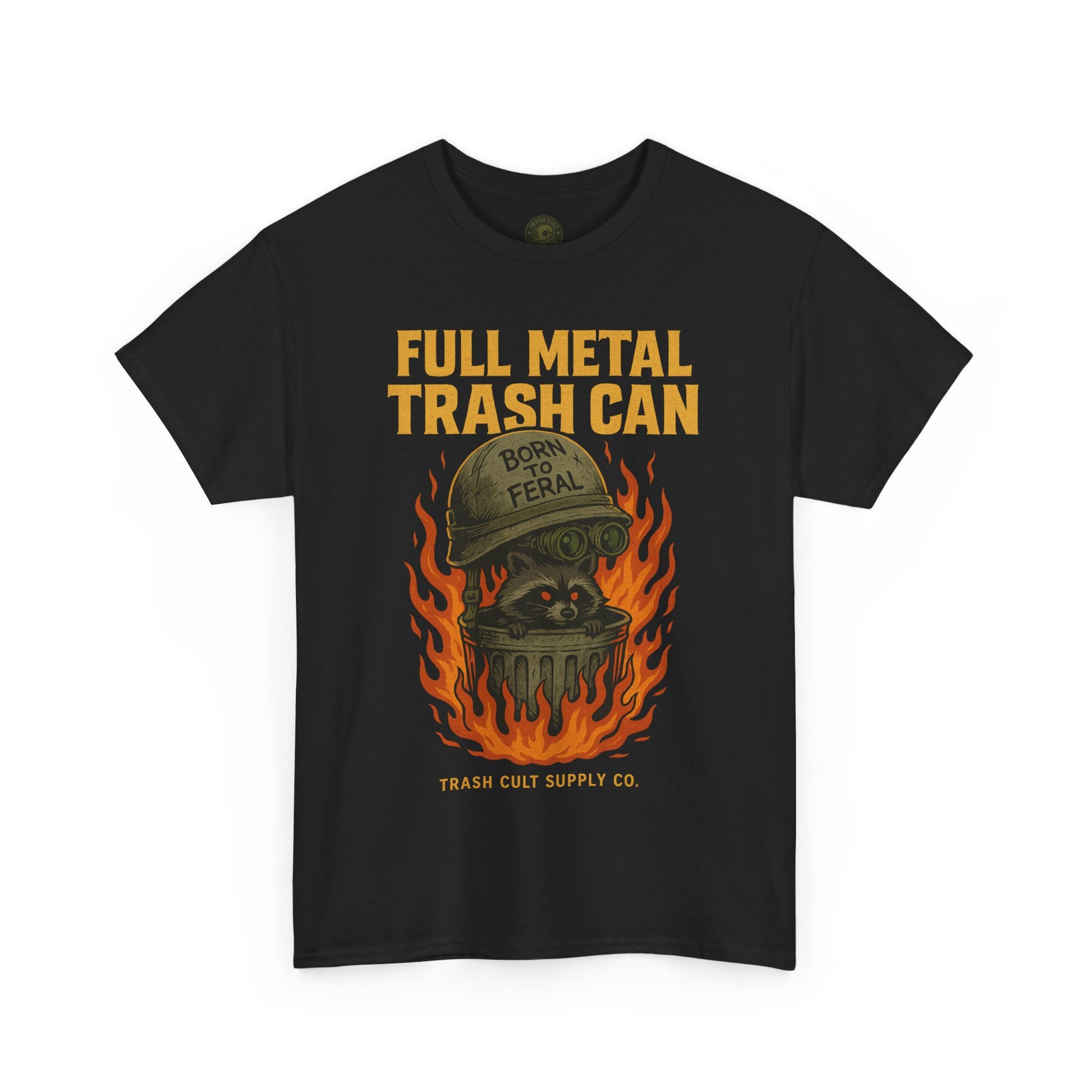 Full Metal Trash Can T-Shirt – Born to Feral Raccoon Graphic | Trash Cult Supply Co. | Gildan 5000 Tee