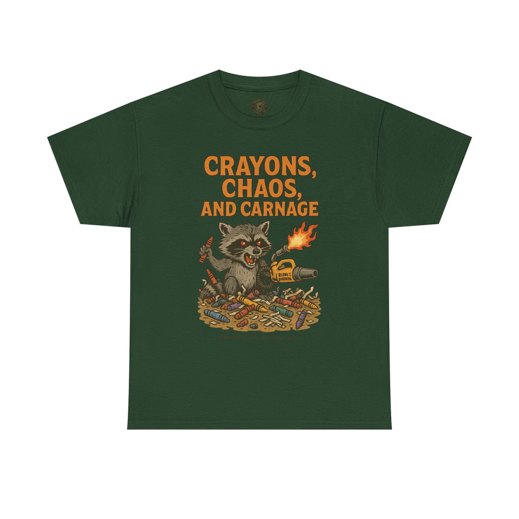 Crayons, Chaos, and Carnage T-Shirt – Dark Humor Raccoon Graphic | Trash Cult Supply Co. | Gildan 5000 Tee