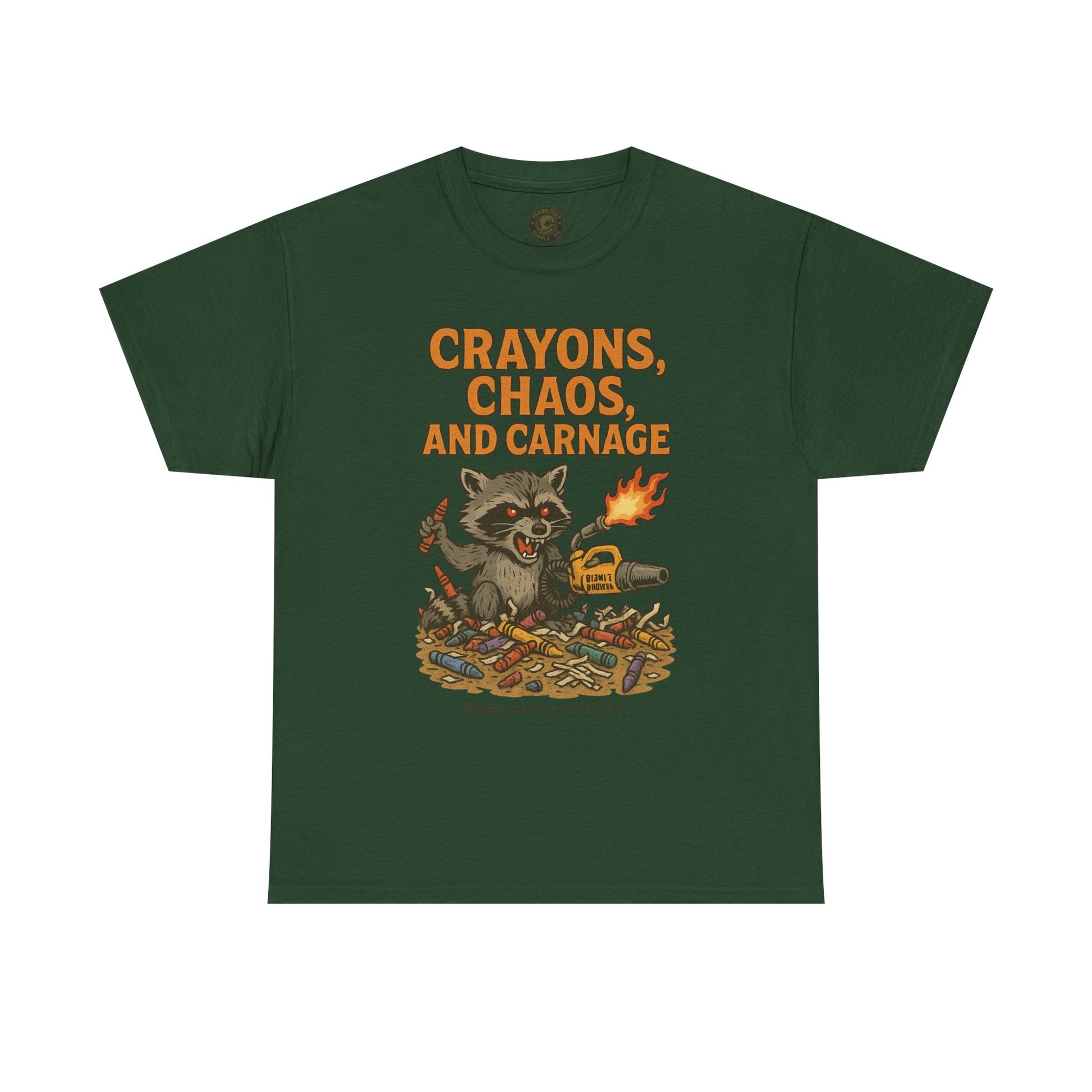 Crayons, Chaos, and Carnage T-Shirt – Dark Humor Raccoon Graphic | Trash Cult Supply Co. | Gildan 5000 Tee