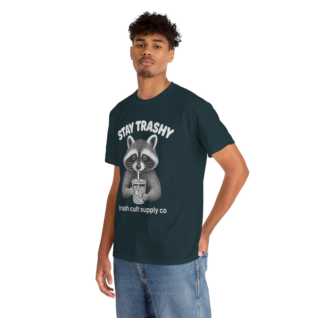 Stay Trashy Raccoon Iced Coffee Shirt – Halftone All White Design | Trash Cult Supply Co.