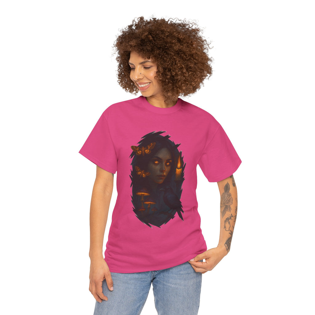 Mystical Night Unisex Heavy Cotton Tee, Witchy Shirt, Halloween Apparel, Fantasy Tee, Gift for Her, Art Graphic Tee