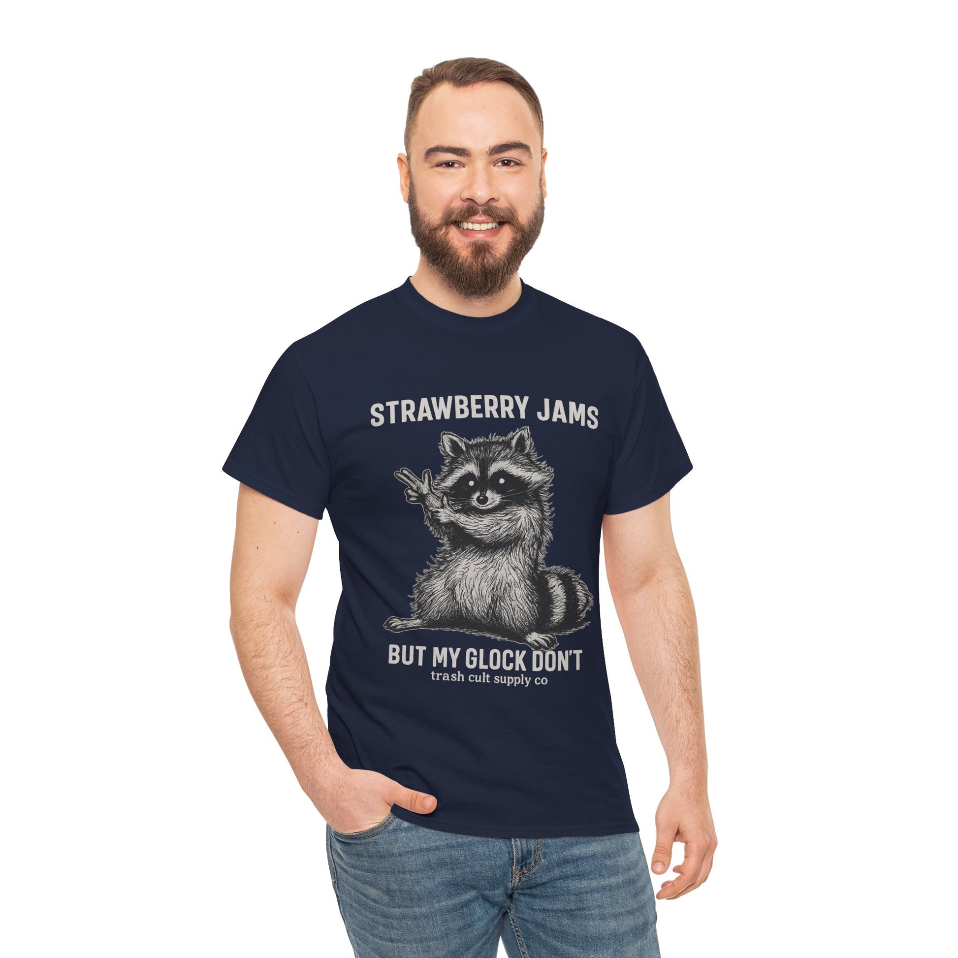 Strawberry Jams But My Glock Don’t Raccoon Shirt – Trash Cult Supply Co. Gildan 5000 Tee