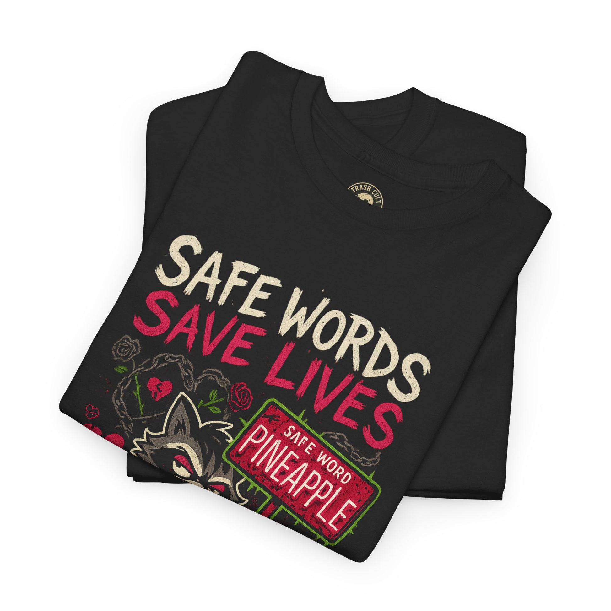 Safe Words Save Lives Tee – Trashcore BDSM Humor Shirt, Pineapple Consent Raccoon Graphic – Gildan 5000 Unisex Heavy Cotton
