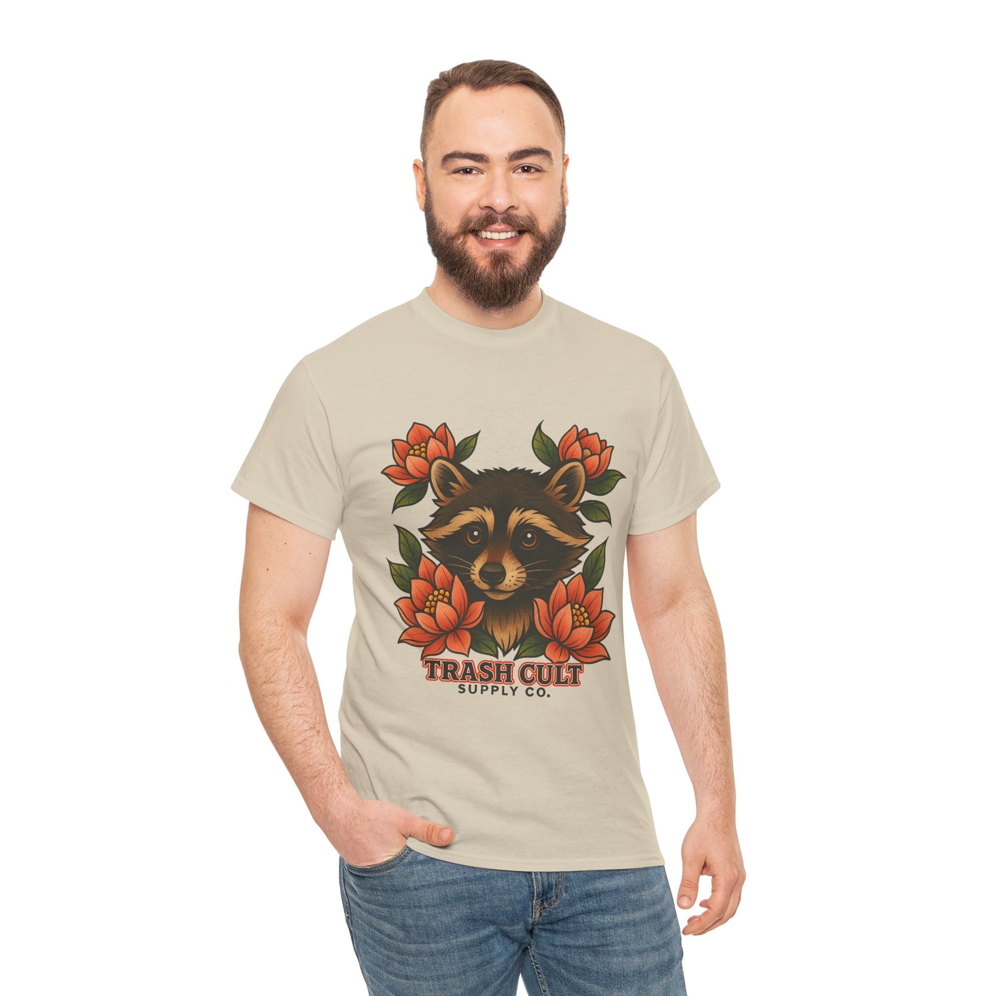 Neo-Traditional Raccoon & Lotus Tattoo Shirt – Trash Cult Supply Co. – Gildan 5000
