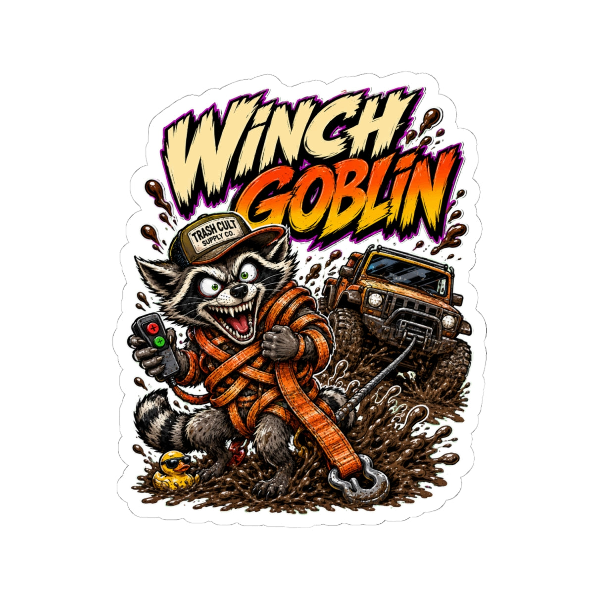 Winch Goblin Sticker — Off‑Road Raccoon Winching Decal