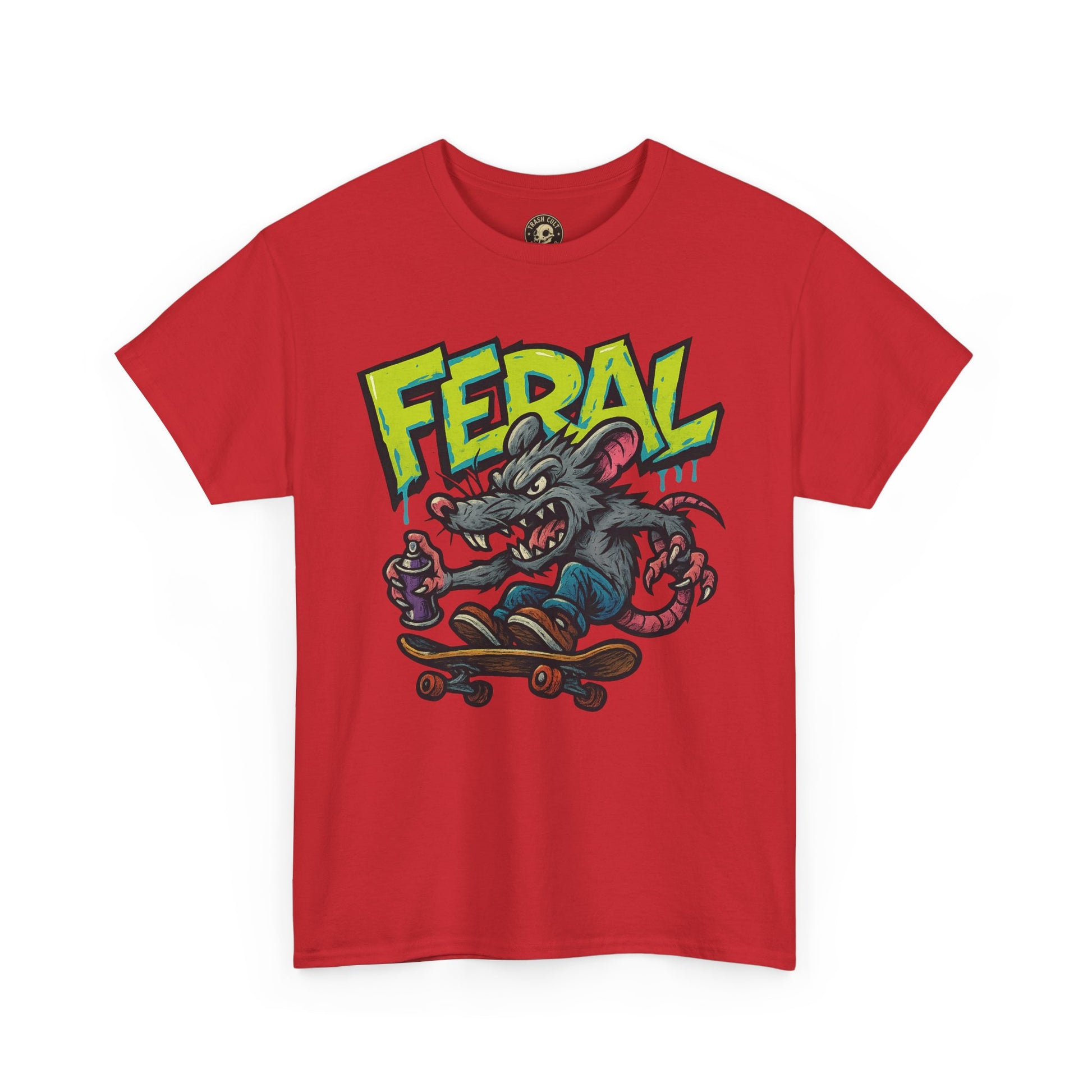 FERAL Graffiti Rat Skate Tee – Street Art Spray Can Mouse on Skateboard | Gildan 5000 Heavy Cotton Shirt