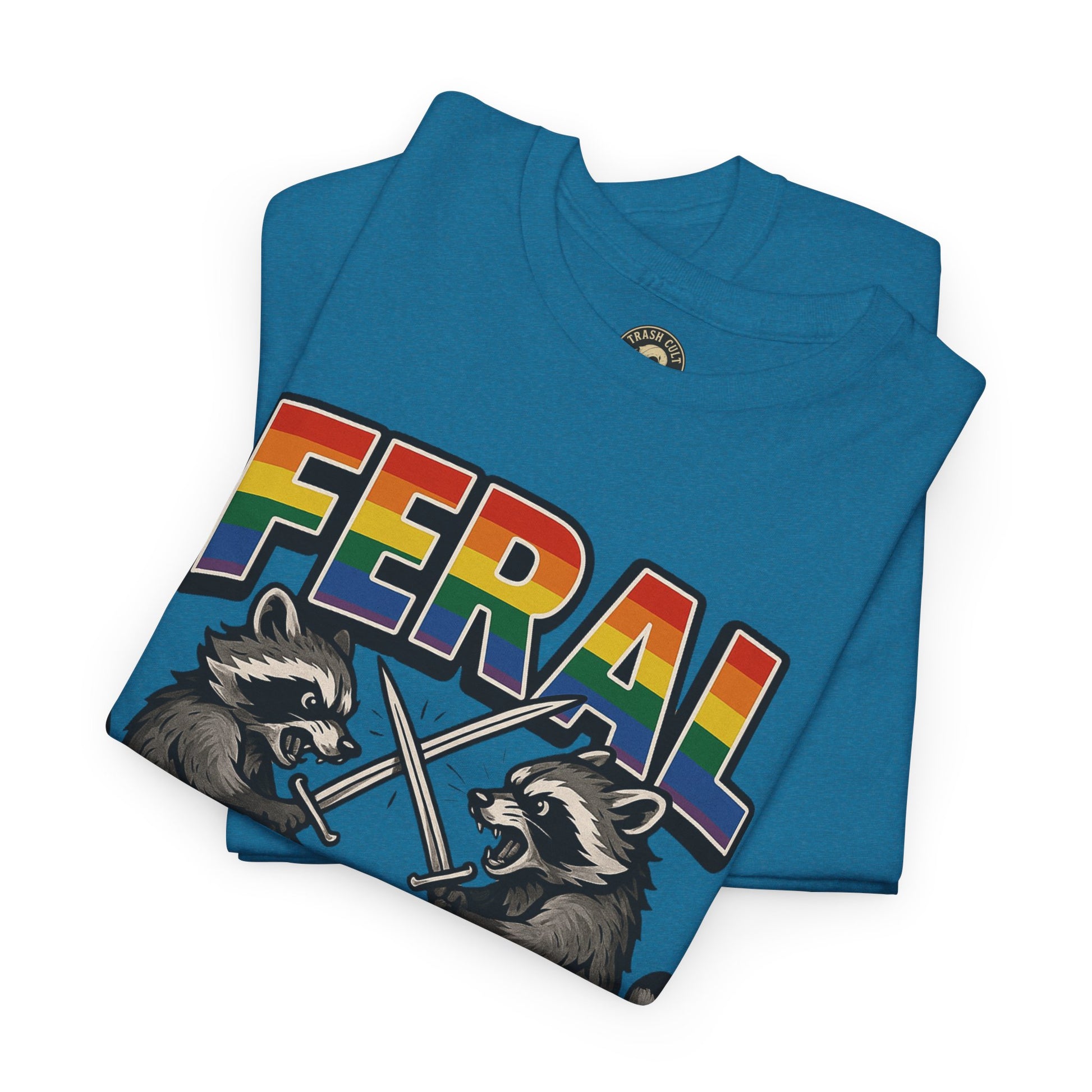 FERAL Rainbow Raccoon Sword Fighting Graphic Tee – Gildan 5000 Heavy Cotton