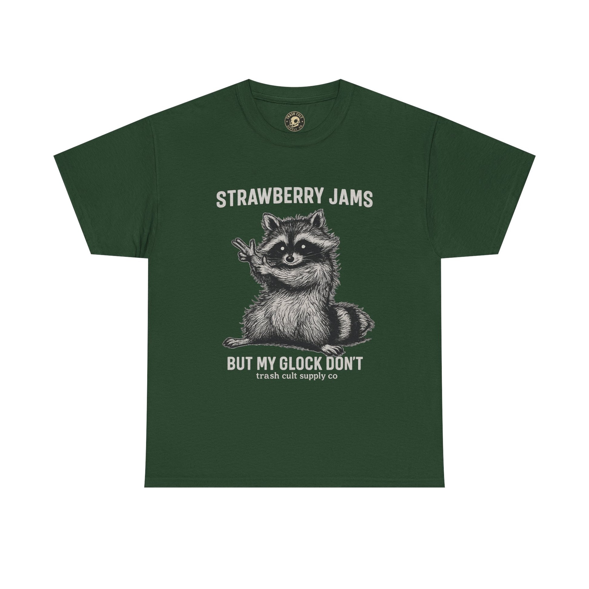 Strawberry Jams But My Glock Don’t Raccoon Shirt – Trash Cult Supply Co. Gildan 5000 Tee