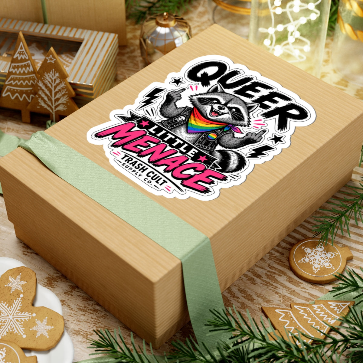 Queer Little Menace Sticker — Rainbow Raccoon Kiss-Cut Decal for Laptops & Pride