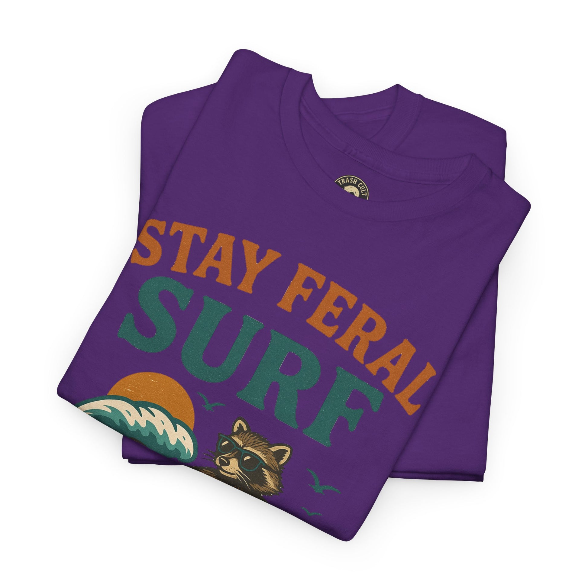 Stay Feral Surf Shirt – Retro Raccoon Beach Tee – Trash Cult Supply Co – Gildan 5000