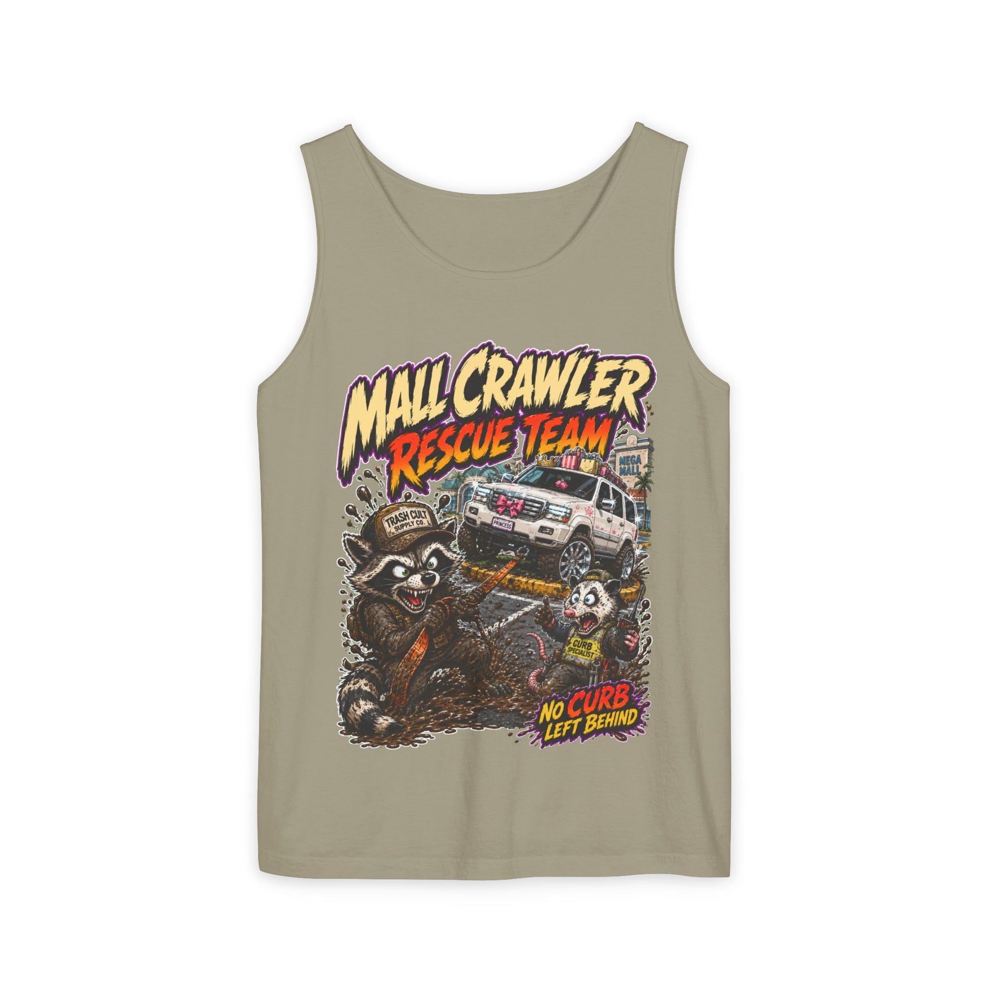 Mall Crawler Rescue Team Tank Top – Funny Raccoon Off-Road Graphic Tank