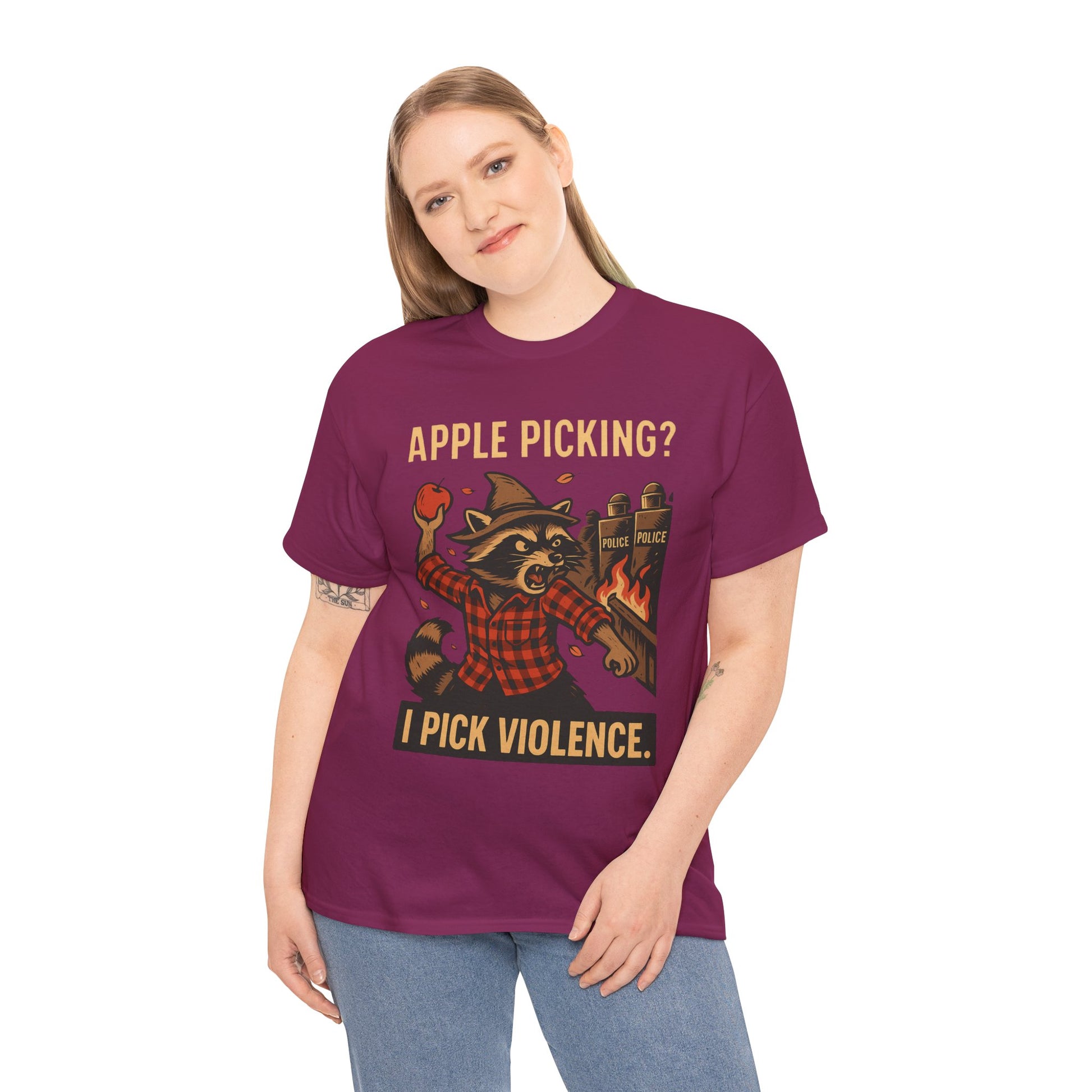 Apple Picking? I Pick Violence Shirt – Angry Raccoon Riot Tee – Fall of Humanity Collection – Trash Cult Supply Co.