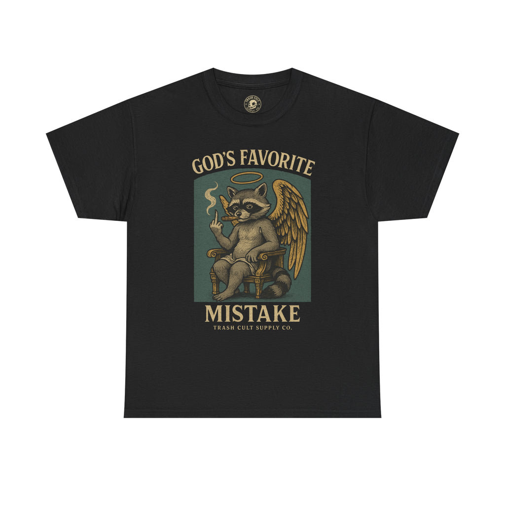 God’s Favorite Mistake Shirt – Raccoon Angel Flipping the Bird by Trash Cult Supply Co.