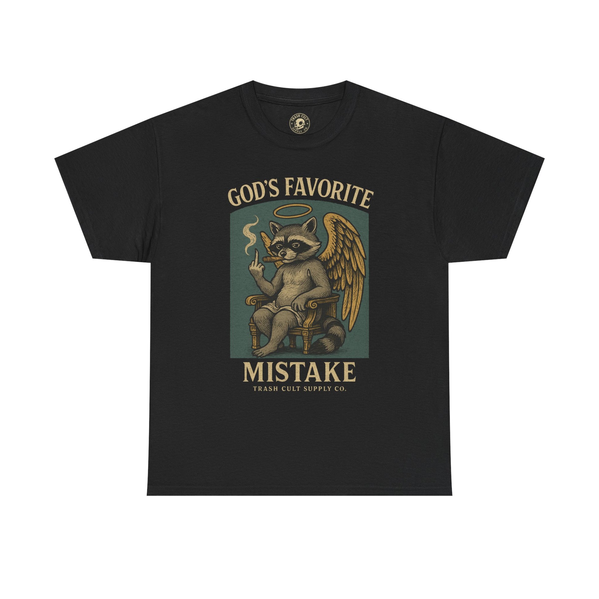 God’s Favorite Mistake Shirt – Raccoon Angel Flipping the Bird by Trash Cult Supply Co.