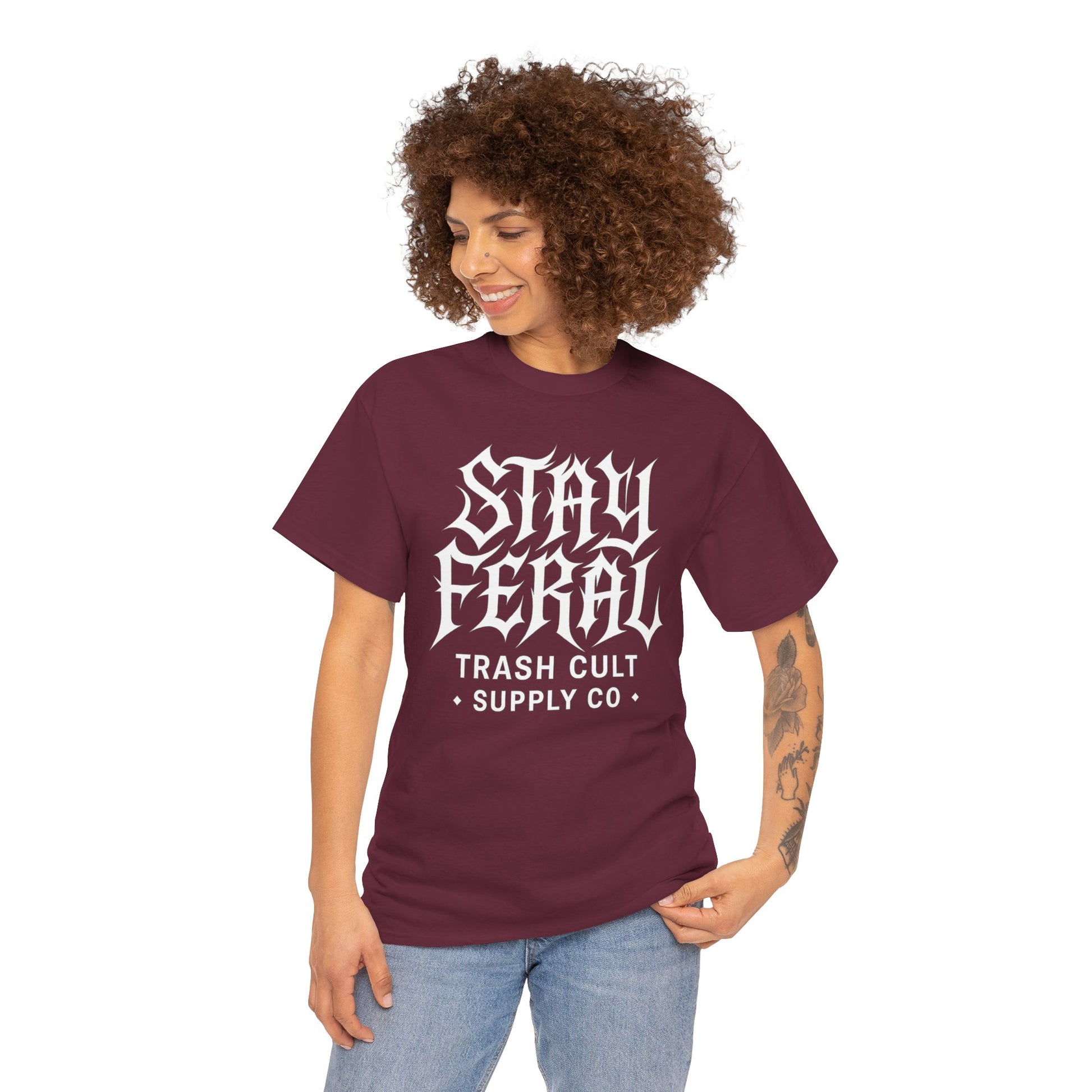 Unisex Heavy Cotton Tee - Stay Feral Graphic Tee, Streetwear Shirt, Gift for Wild Spirits, Eco-Friendly Casualwear, Summer Fashion