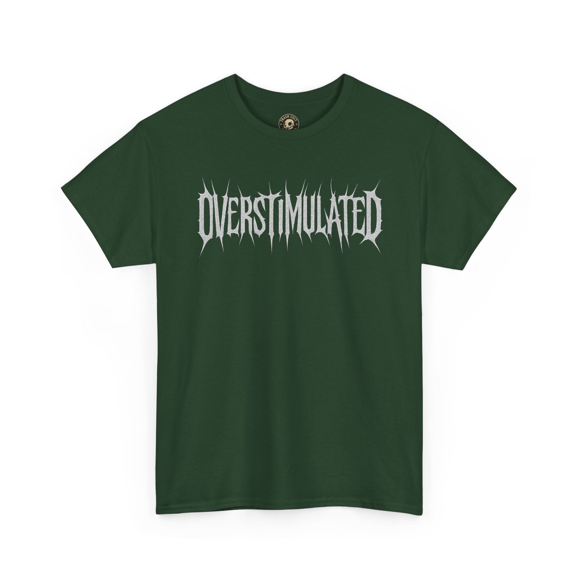 OVERSTIMULATED Metalcore Grunge Shirt – White on Black Distressed Font Tee