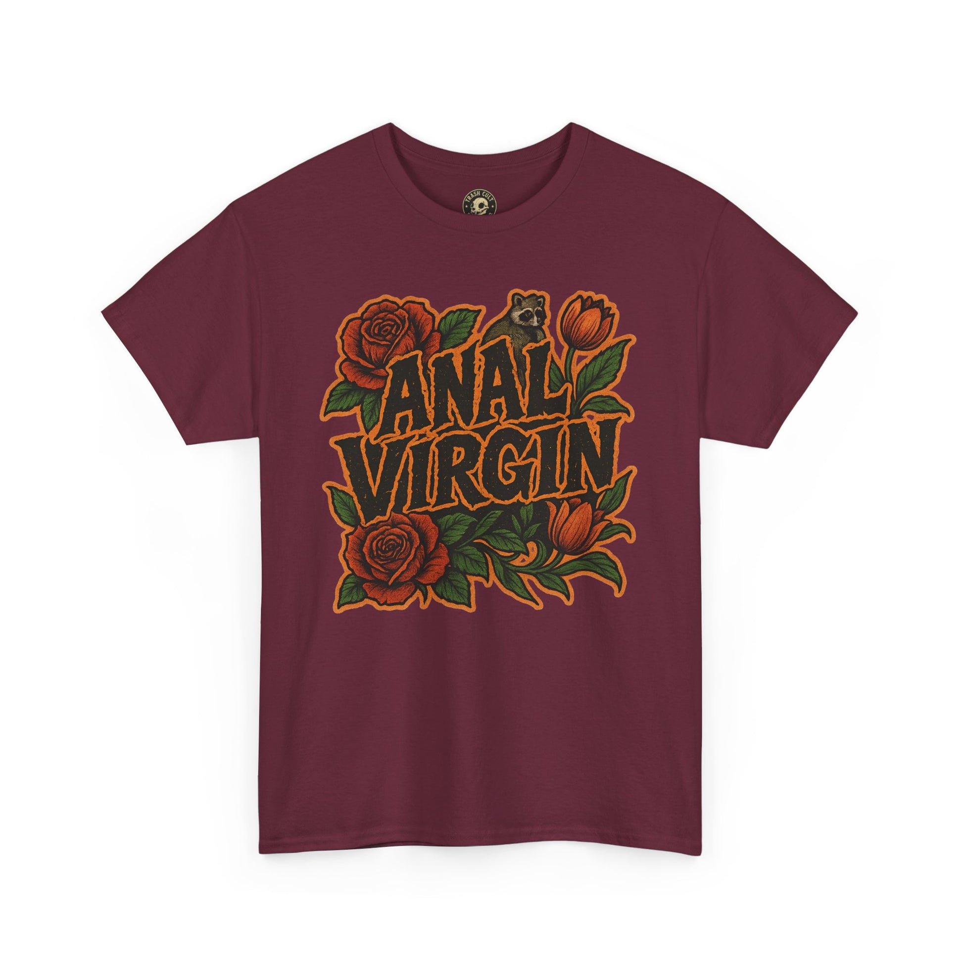 Anal Virgin Bold Floral Trashcore Tee – Funny Raccoon Shirt – Gildan 5000