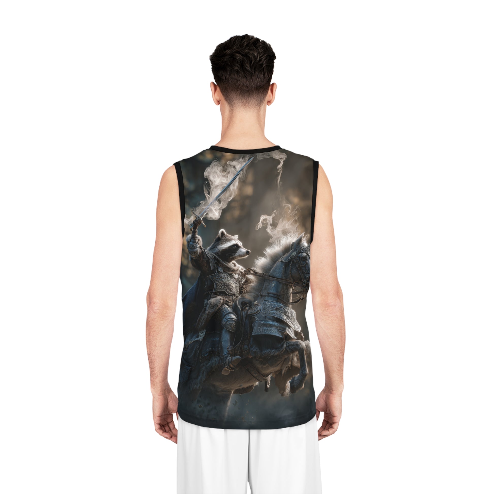 Fantasy Raccoon Knight Basketball Jersey, Unique Sports Apparel, AOP Athletic Wear, Gift for Gamers, Fun Sportswear for Events