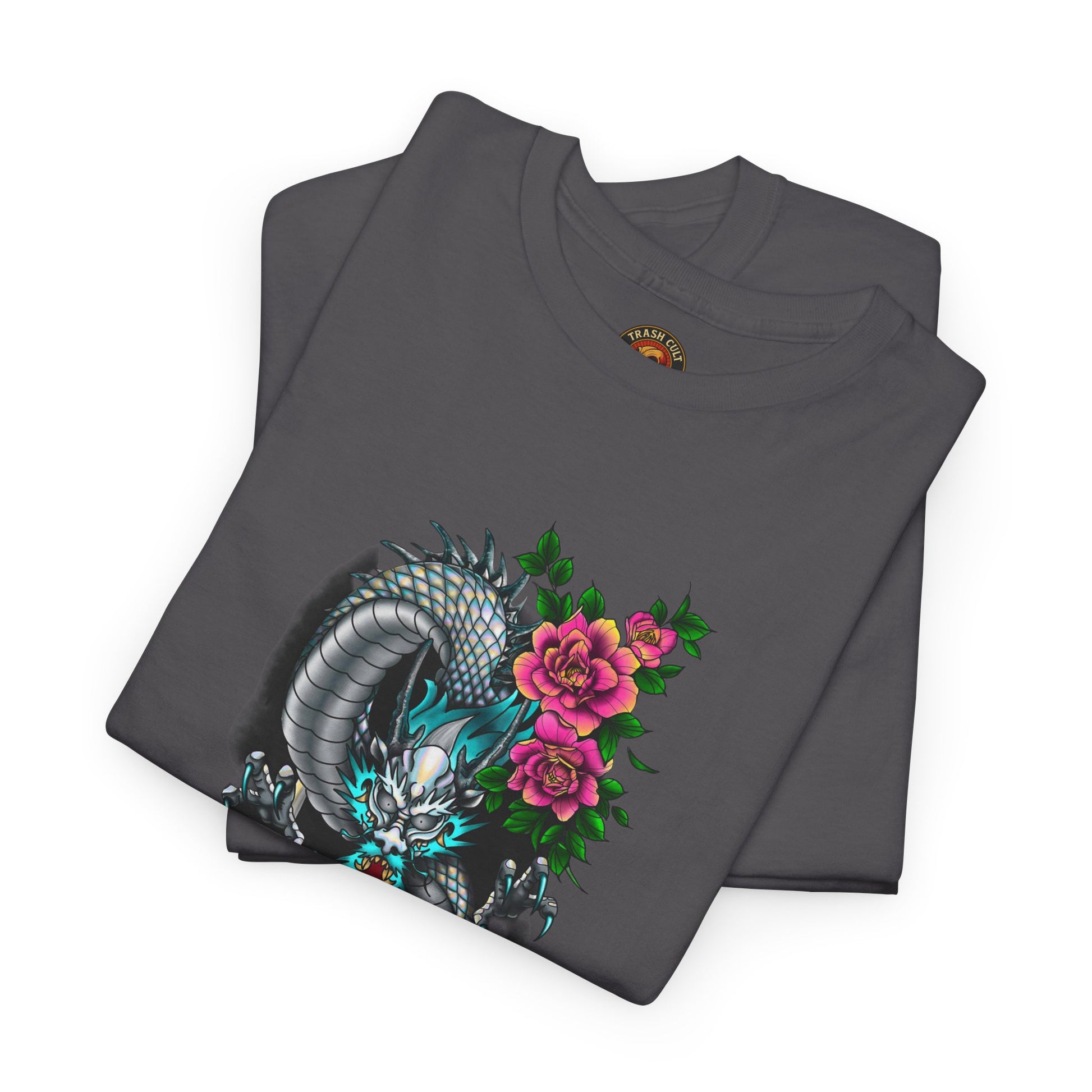 Mythic Dragon & Peonies Tattoo T-Shirt – Lara Davenport x Trash Cult Supply Co. Collab (Gildan 5000)