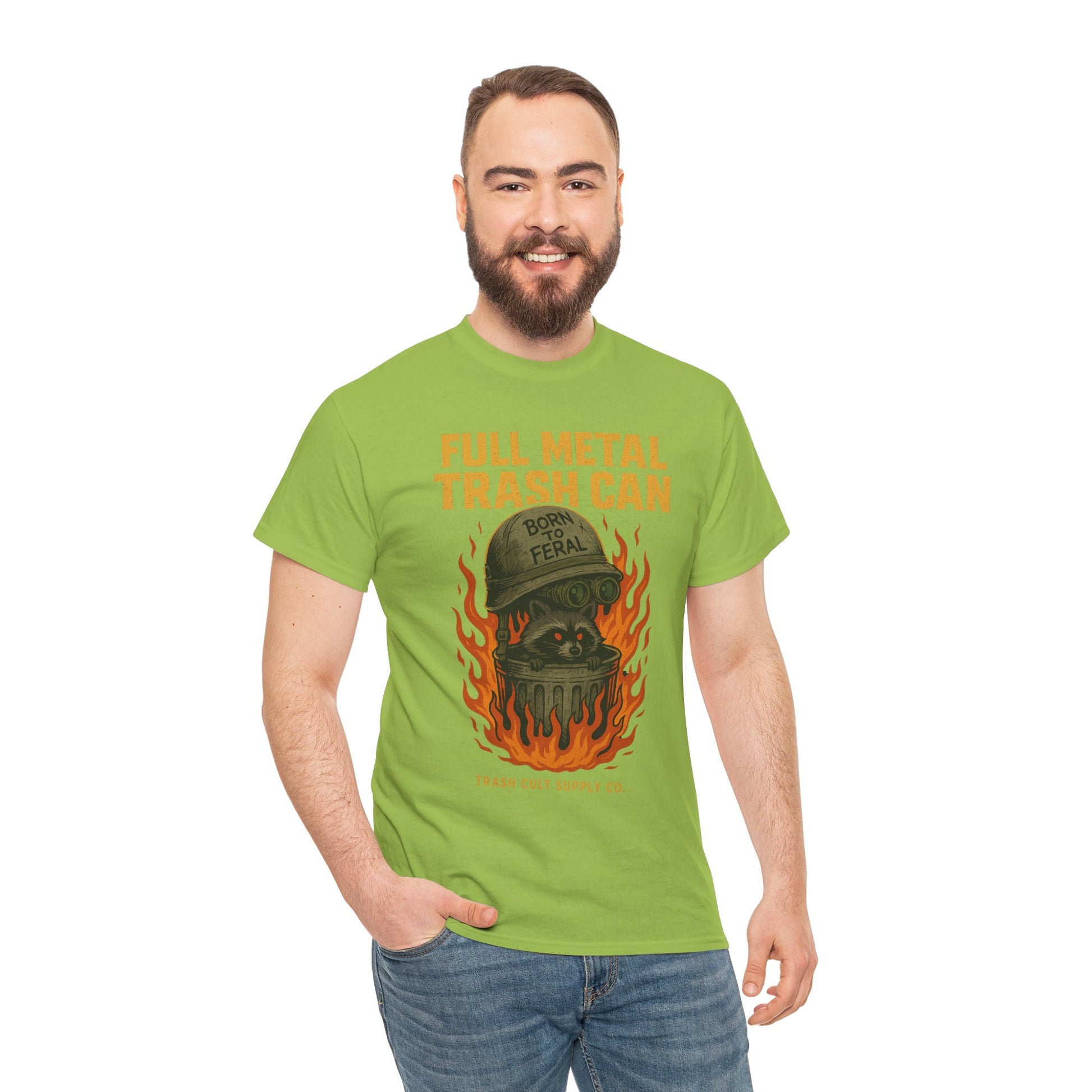 Full Metal Trash Can T-Shirt – Born to Feral Raccoon Graphic | Trash Cult Supply Co. | Gildan 5000 Tee
