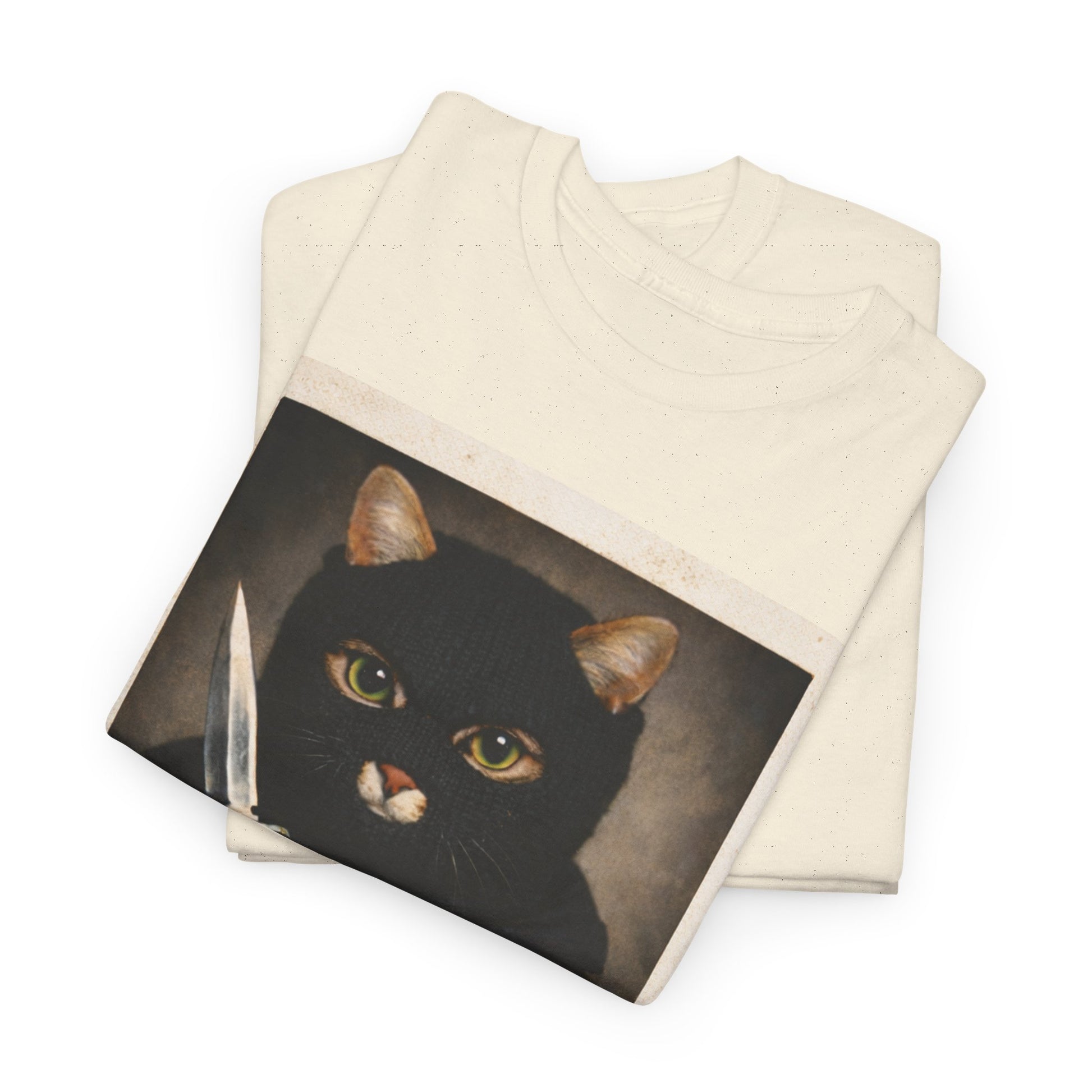 Cat With Knife Tee — "Mittens" Dark Humor Vintage Polaroid Graphic T-Shirt