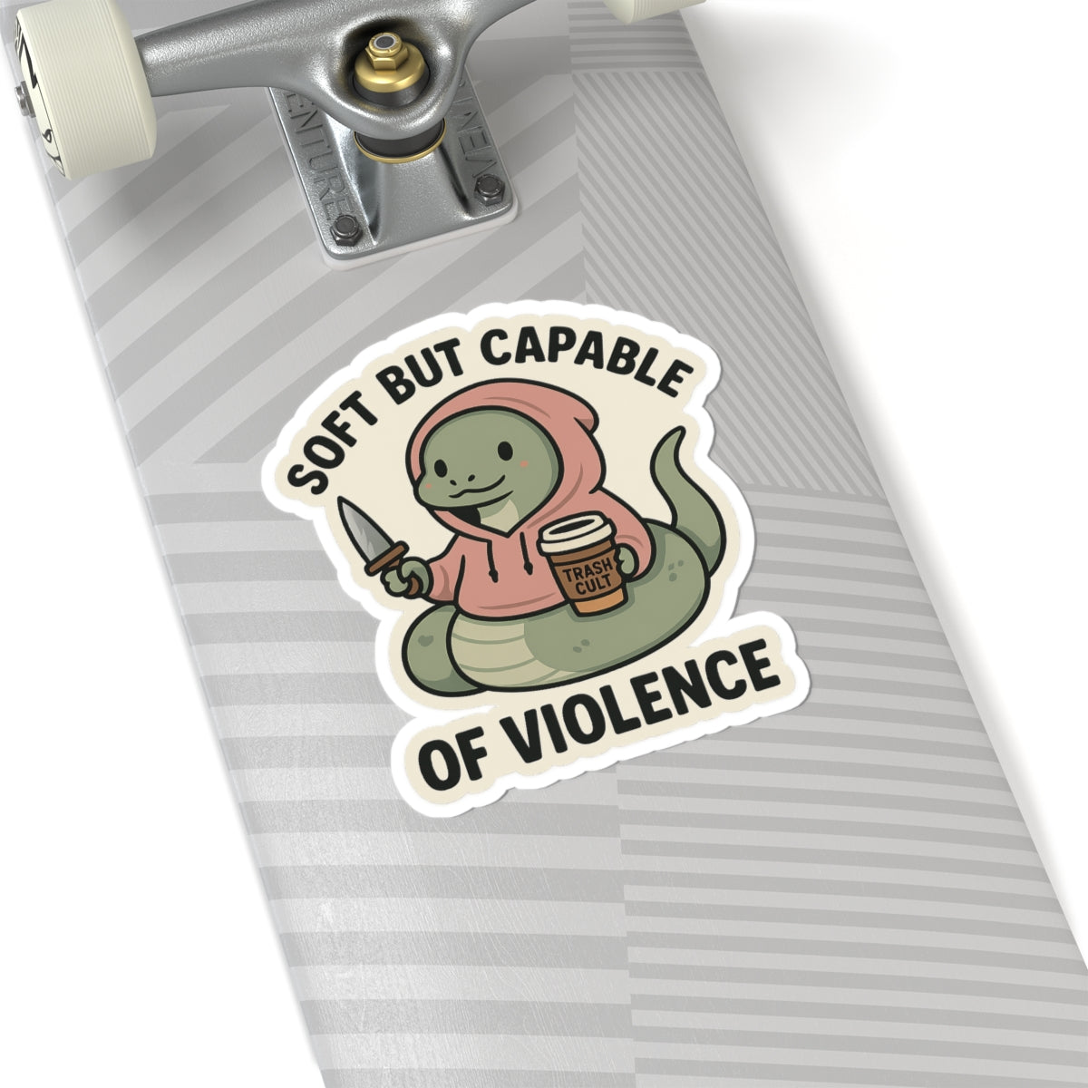 “Soft But Capable of Violence” Sticker – Cute Snake with Knife & Latte