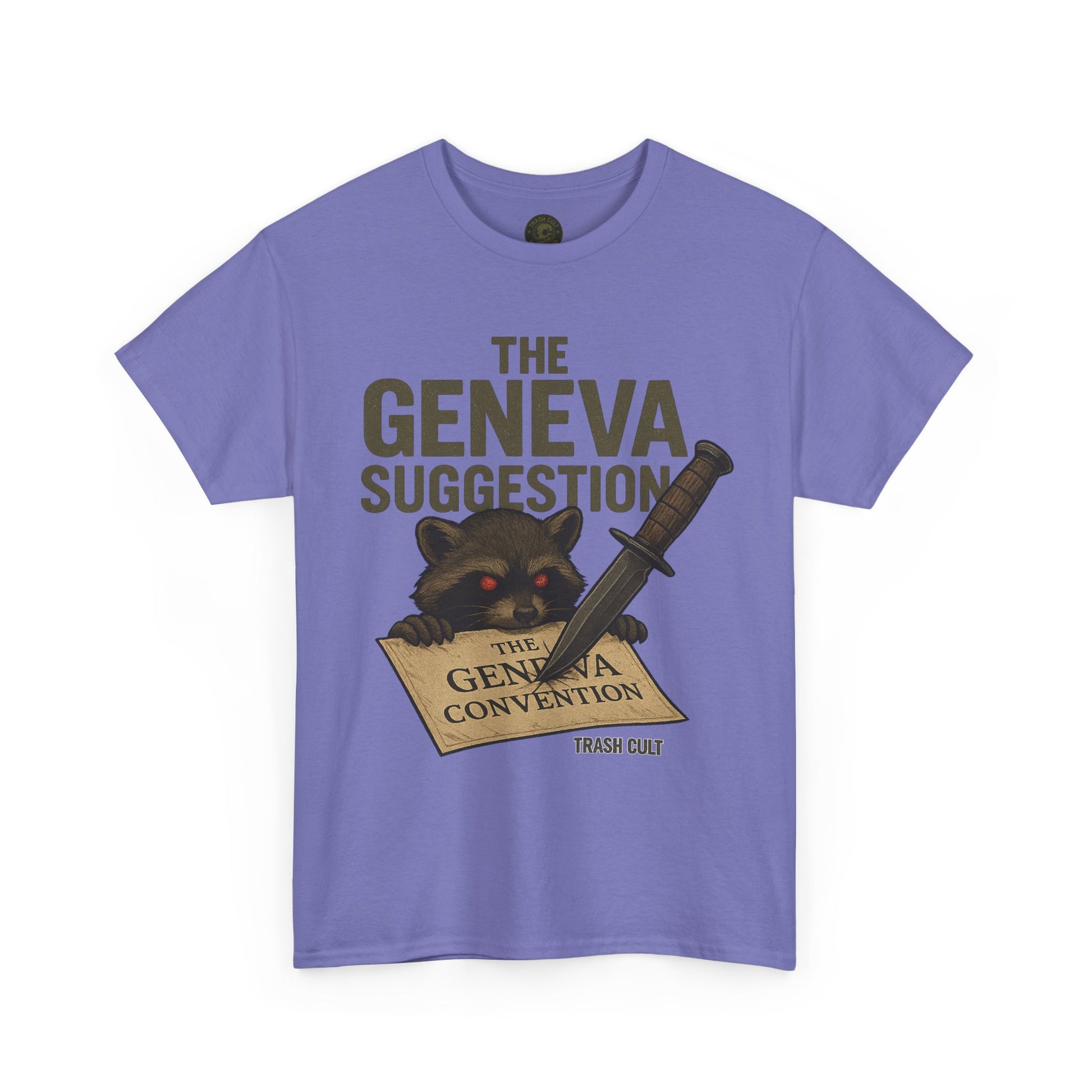 The Geneva Suggestion T-Shirt – Tactical Raccoon Dark Humor Tee | Trash Cult Supply Co. | Gildan 5000