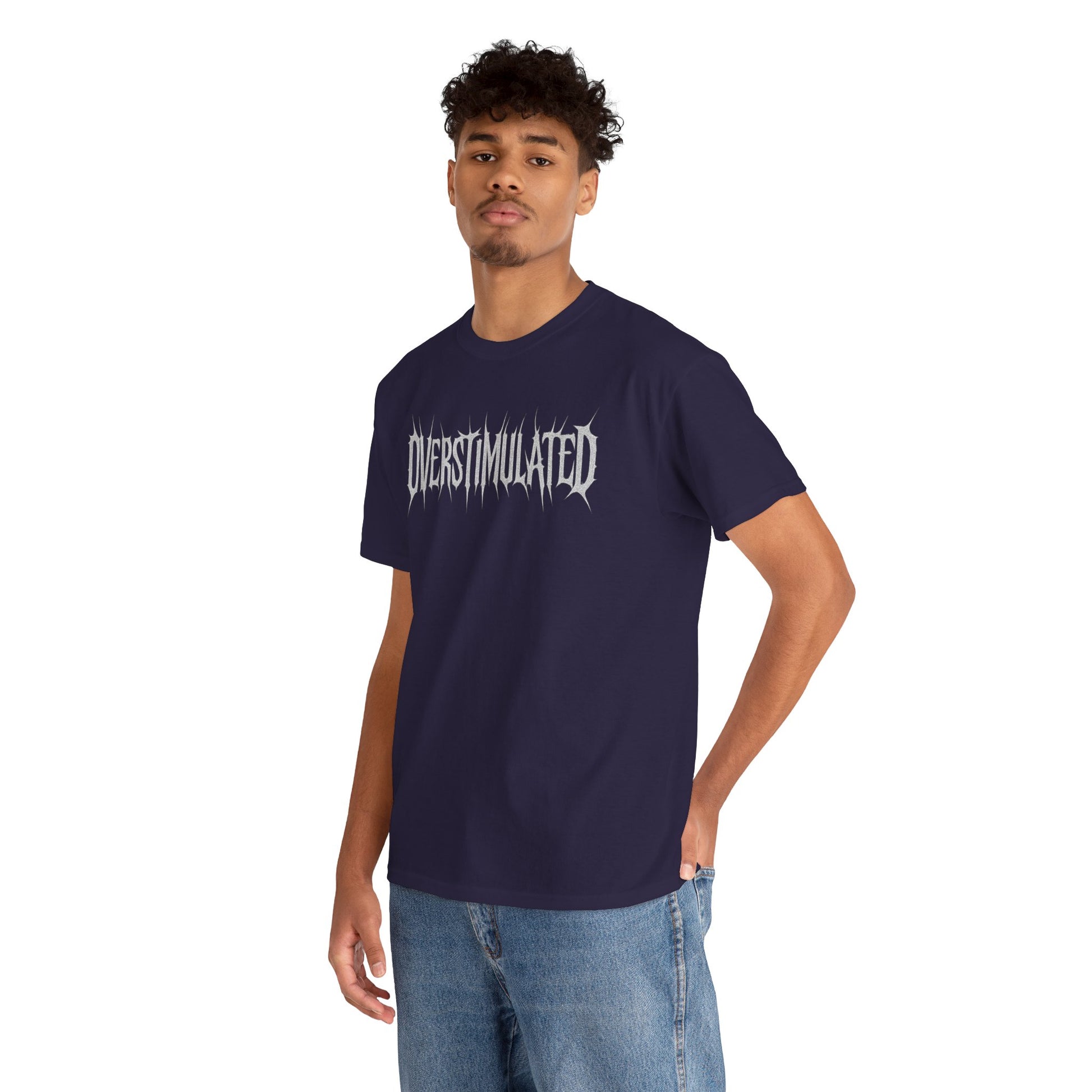 OVERSTIMULATED Metalcore Grunge Shirt – White on Black Distressed Font Tee