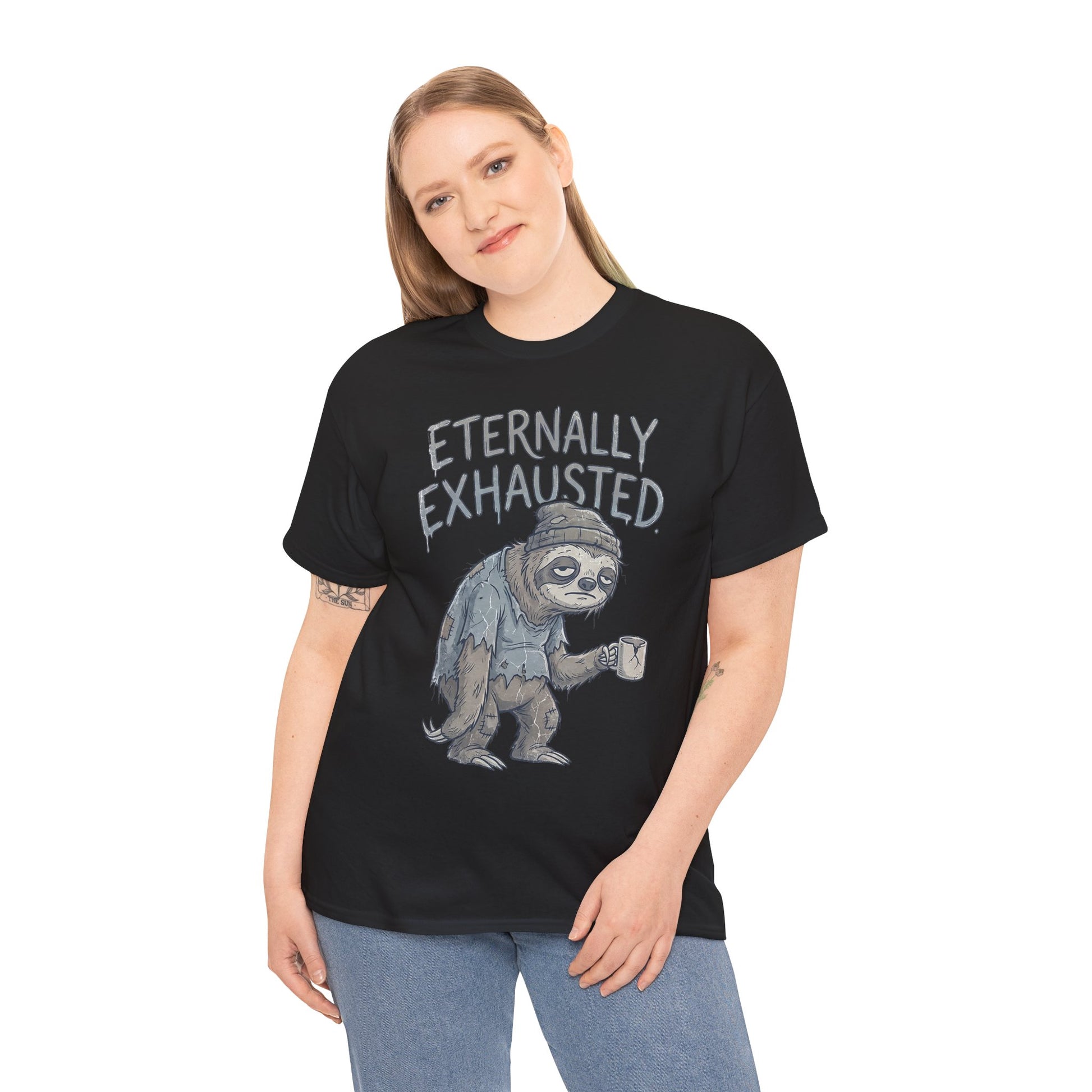 T-Shirt — 'Eternally Exhausted' Sloth Graphic Tee (Funny Coffee Lover Gift)