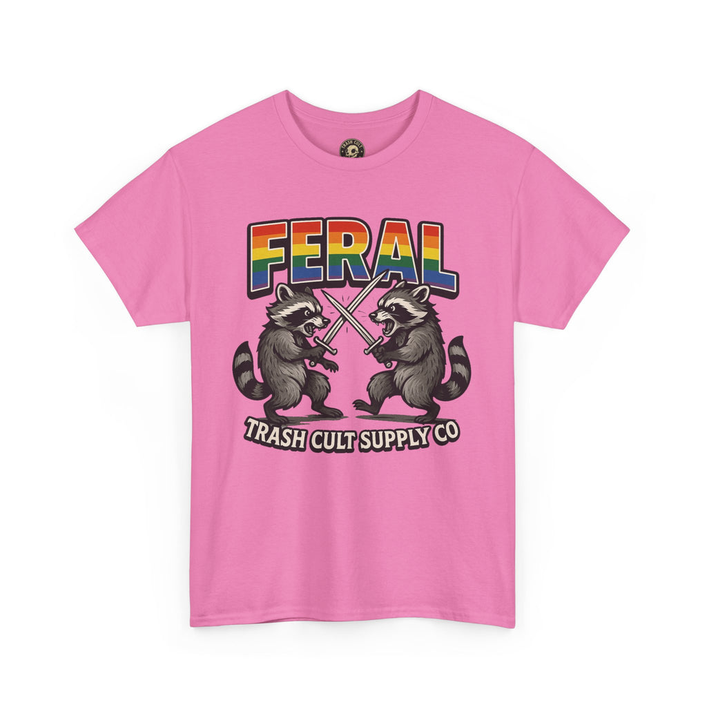 FERAL Rainbow Raccoon Sword Fighting Graphic Tee – Gildan 5000 Heavy Cotton