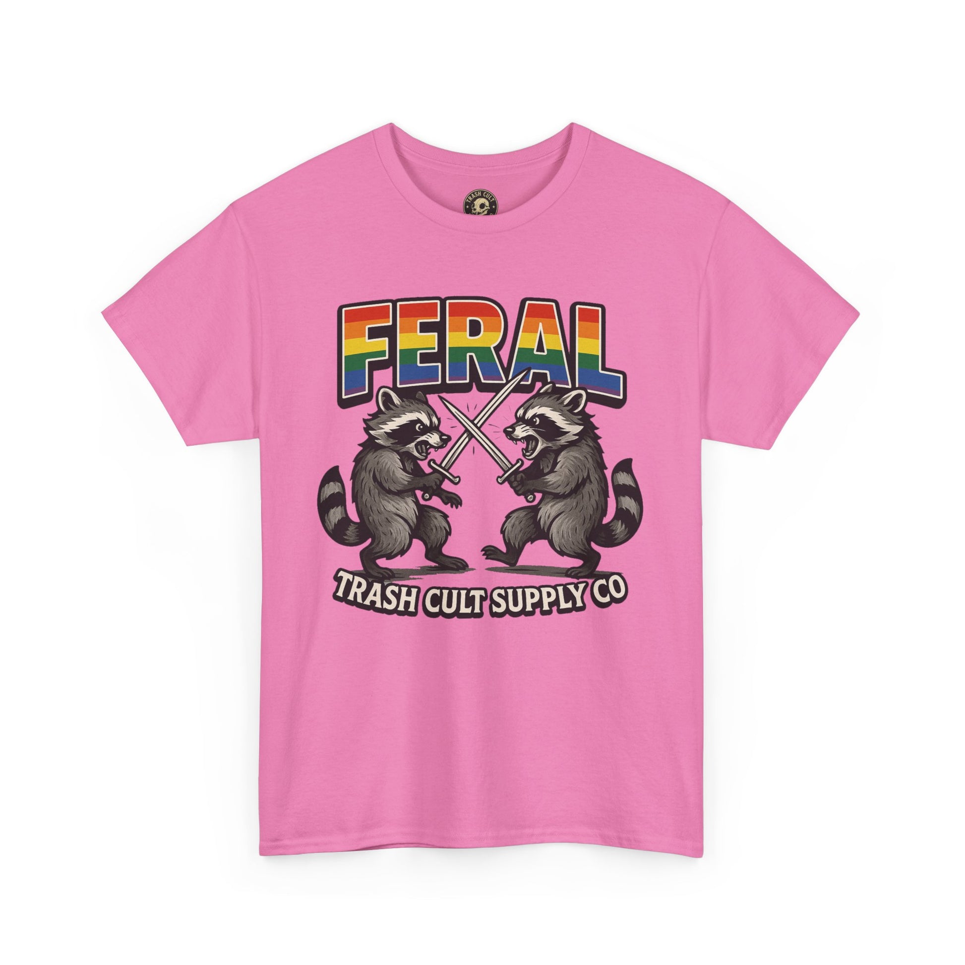 FERAL Rainbow Raccoon Sword Fighting Graphic Tee – Gildan 5000 Heavy Cotton