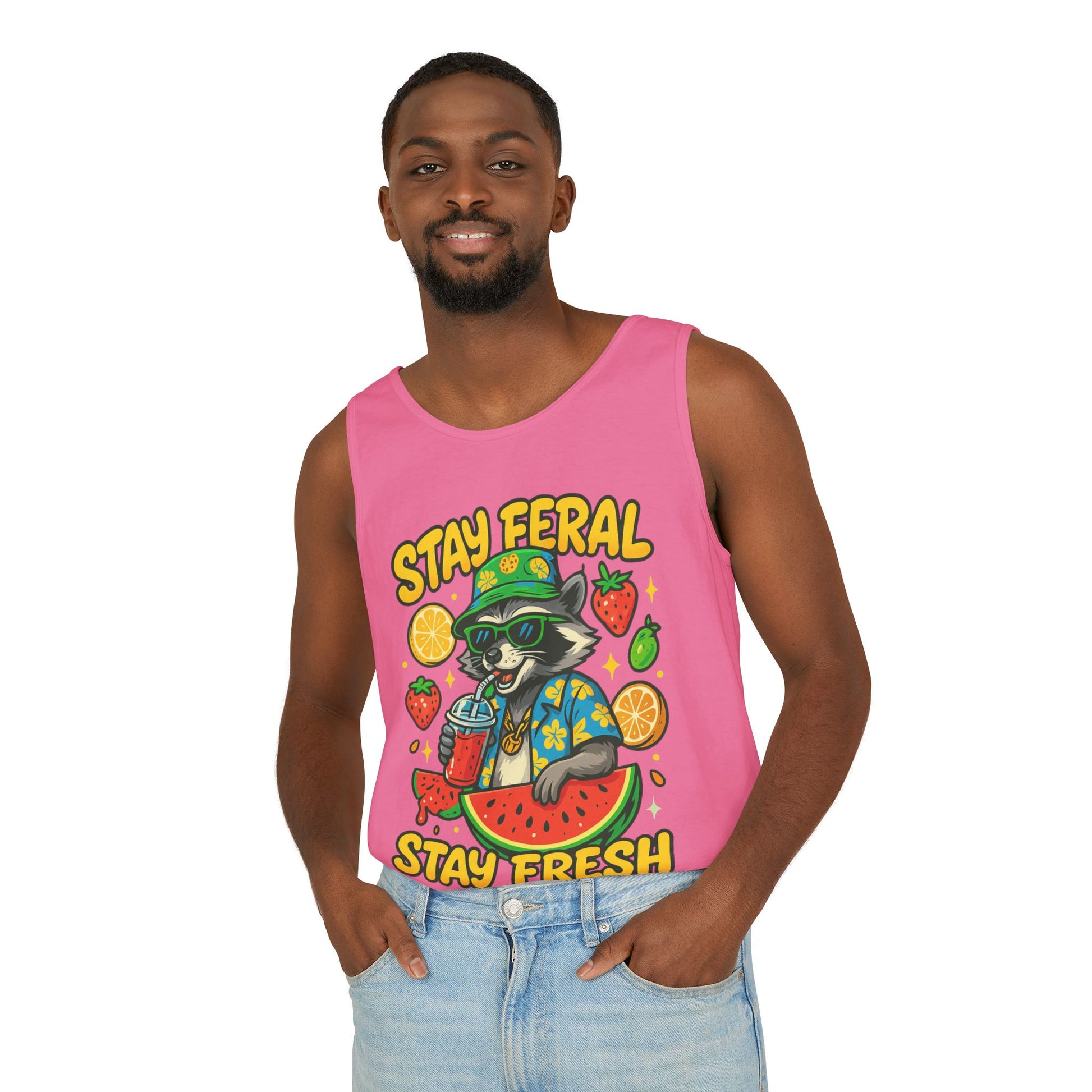 Stay Feral Stay Fresh Tank Top, Summer Apparel, Unisex Graphic Tee, Beachwear, Fun Gift for Animal Lovers