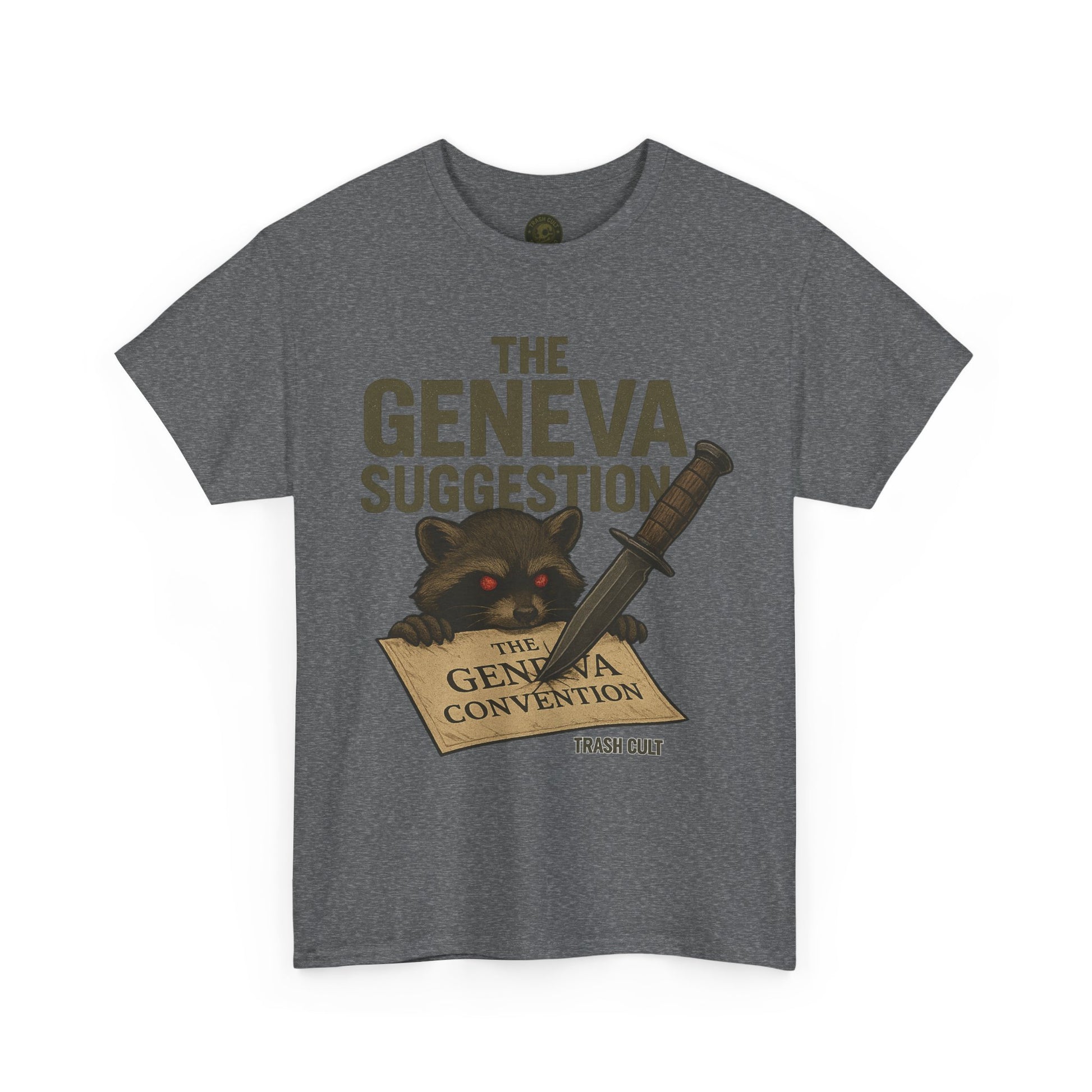 The Geneva Suggestion T-Shirt – Tactical Raccoon Dark Humor Tee | Trash Cult Supply Co. | Gildan 5000