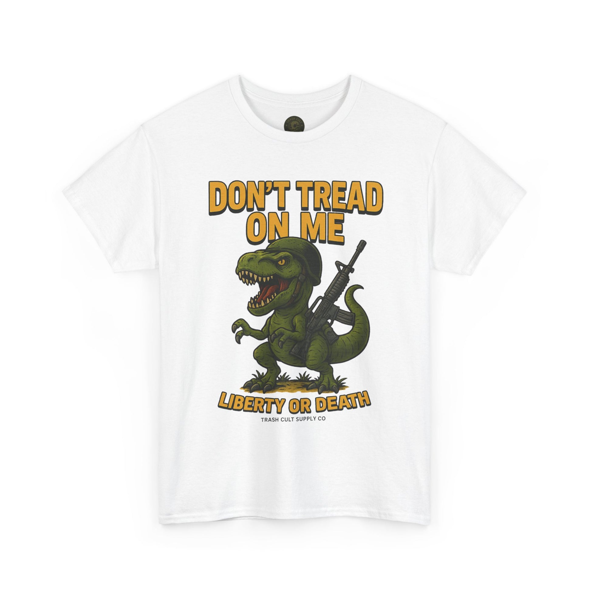 Don’t Tread On Me T-Rex T-Shirt – Liberty or Death Graphic | Trash Cult Supply Co. | Gildan 5000 Heavy Cotton