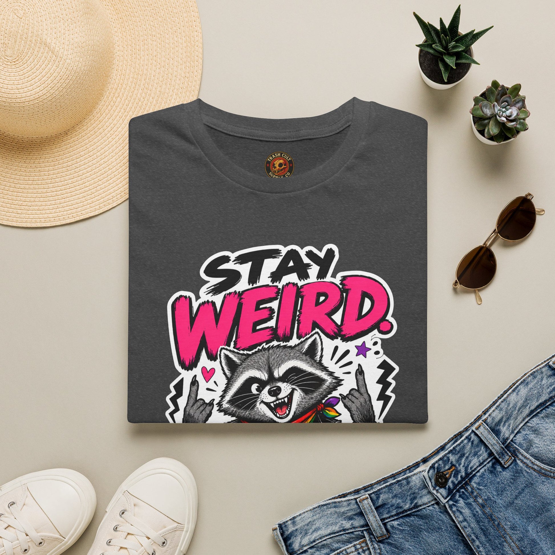 T-Shirt — "Stay Weird" Pride Raccoon Tee (Stay Queer)