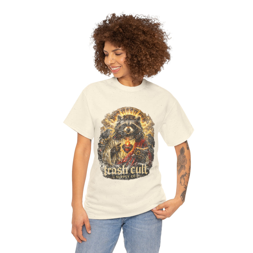 Raccoon Saint Graphic Tee — “Trash Cult” Vintage Devotional Design