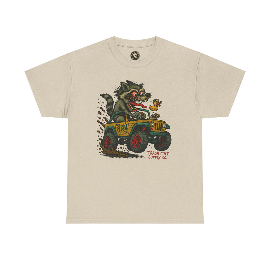 Feral Jeep Raccoon Shirt – Ed Roth Style Off-Road Chaos | Trash Cult Supply Co | Gildan 5000 Tee