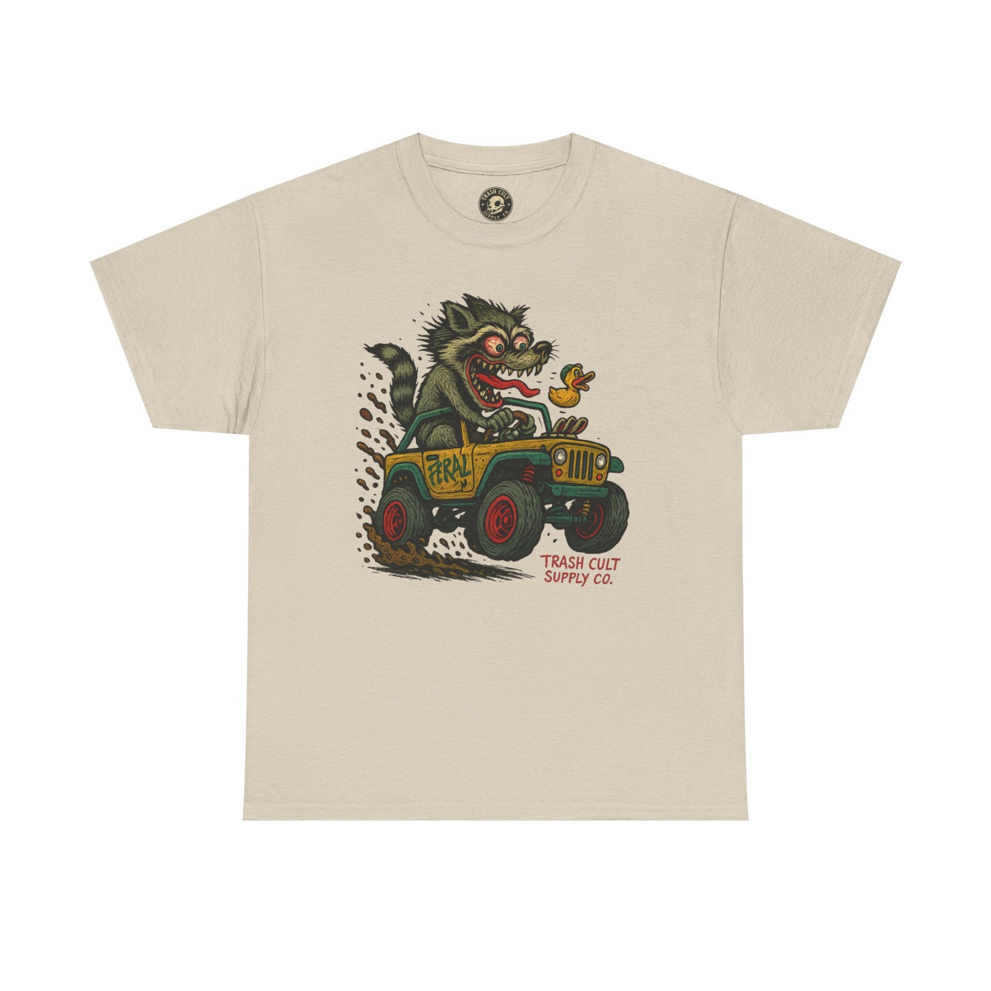 Feral Jeep Raccoon Shirt – Ed Roth Style Off-Road Chaos | Trash Cult Supply Co | Gildan 5000 Tee