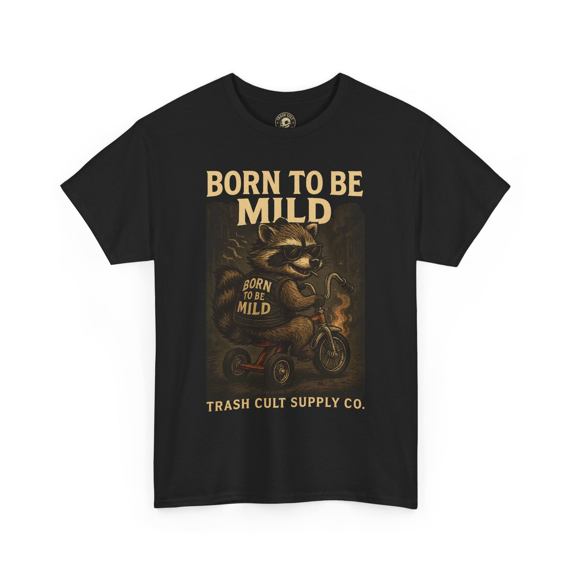 Born to Be Mild Raccoon Biker Shirt – Trash Cult Supply Co. | Funny Tricycle Rebel Tee