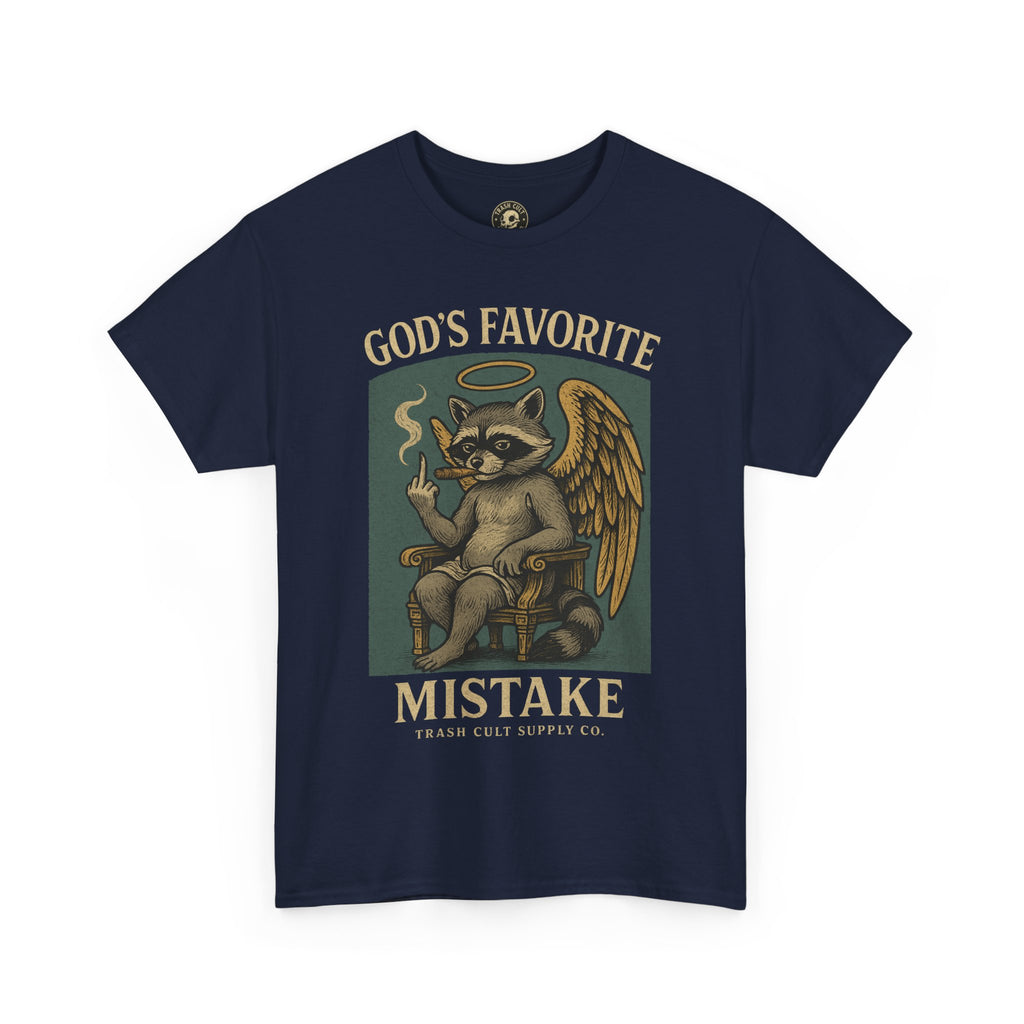 God’s Favorite Mistake Shirt – Raccoon Angel Flipping the Bird by Trash Cult Supply Co.