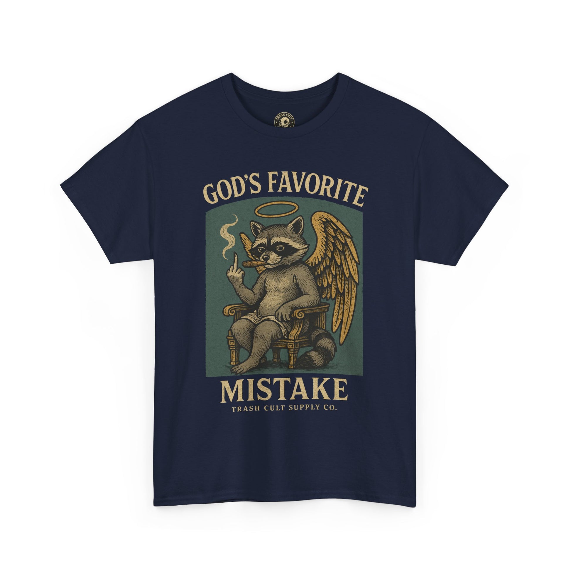 God’s Favorite Mistake Shirt – Raccoon Angel Flipping the Bird by Trash Cult Supply Co.