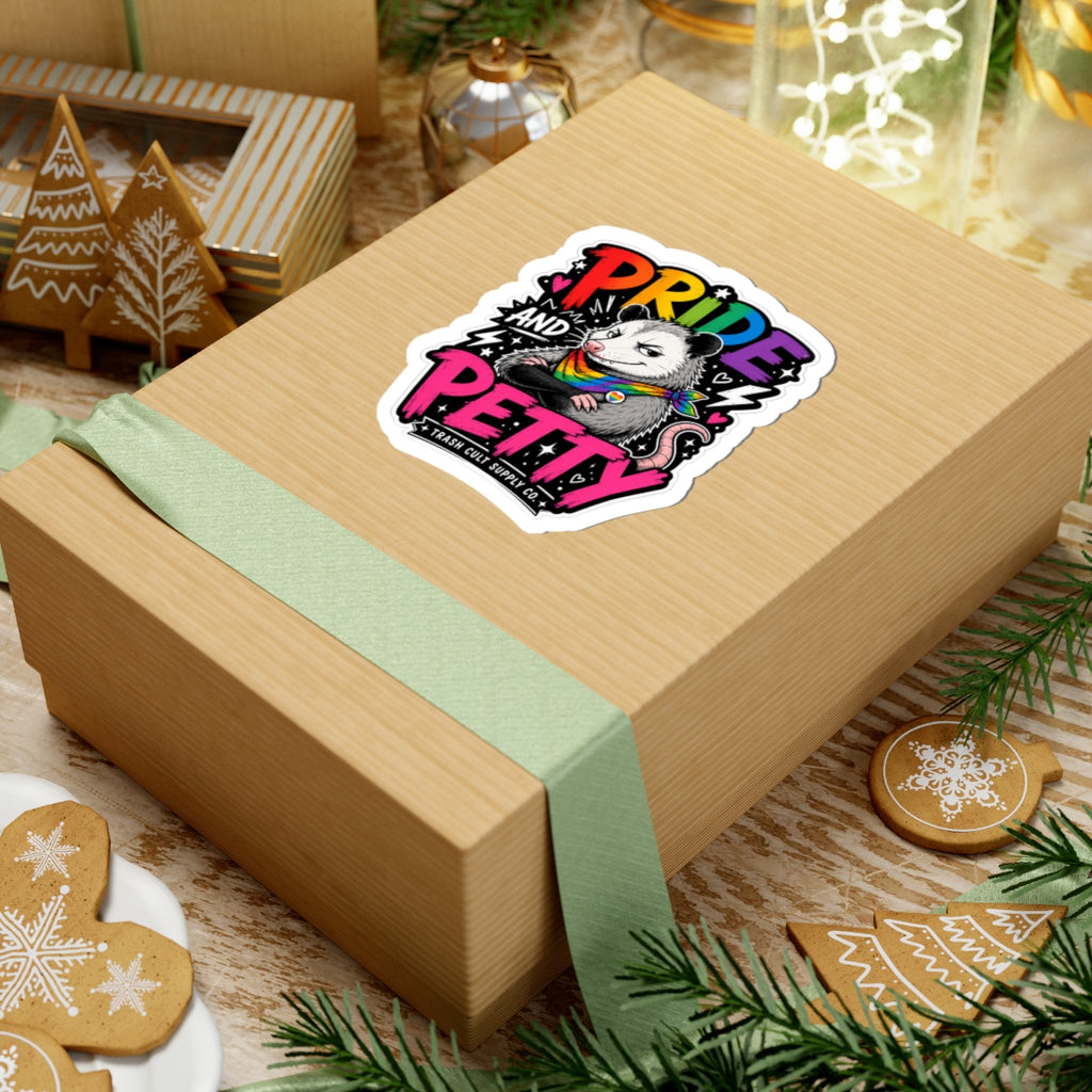 Pride and Petty Kiss-Cut Sticker — Rainbow Opossum LGBTQ+ Decorative Decal