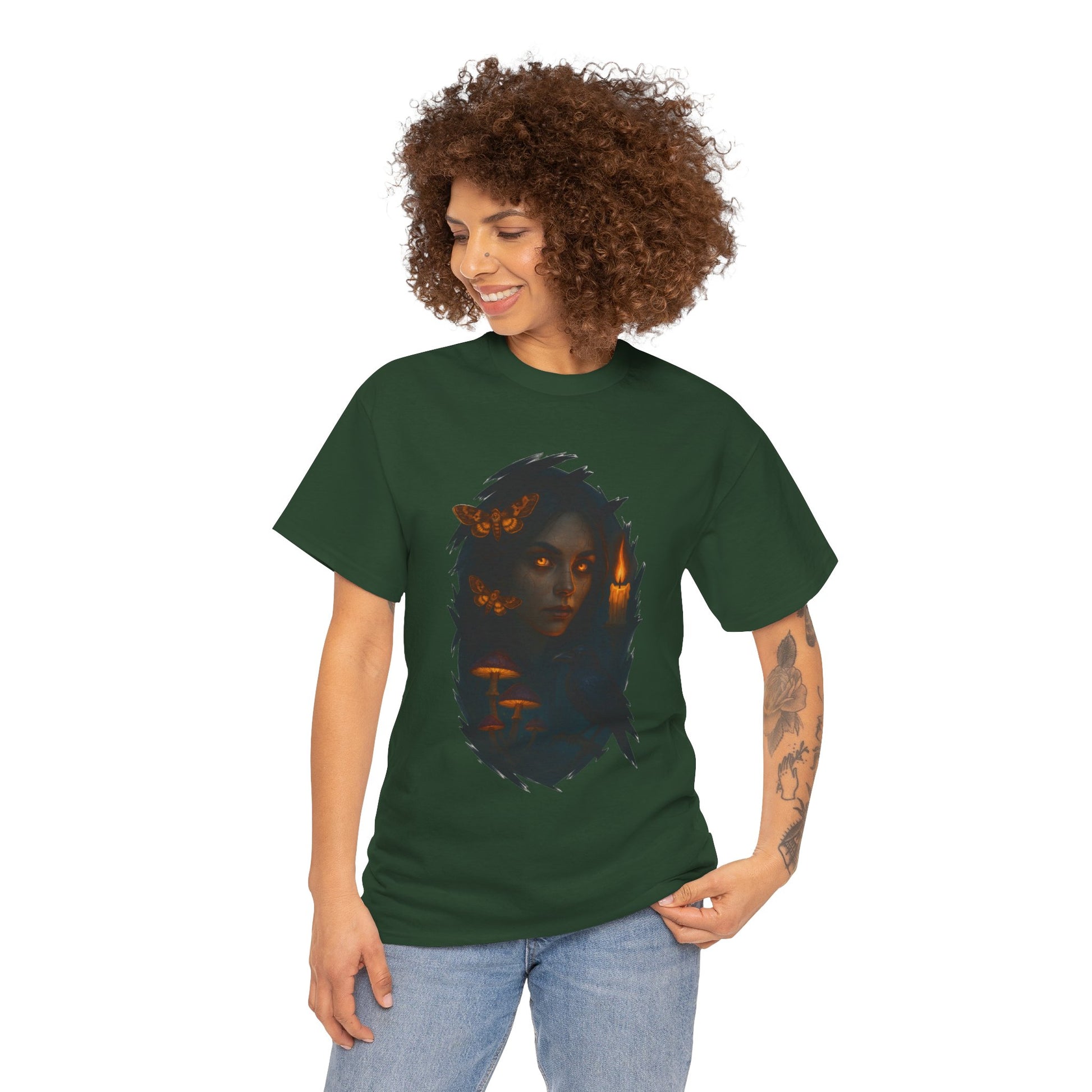 Mystical Night Unisex Heavy Cotton Tee, Witchy Shirt, Halloween Apparel, Fantasy Tee, Gift for Her, Art Graphic Tee