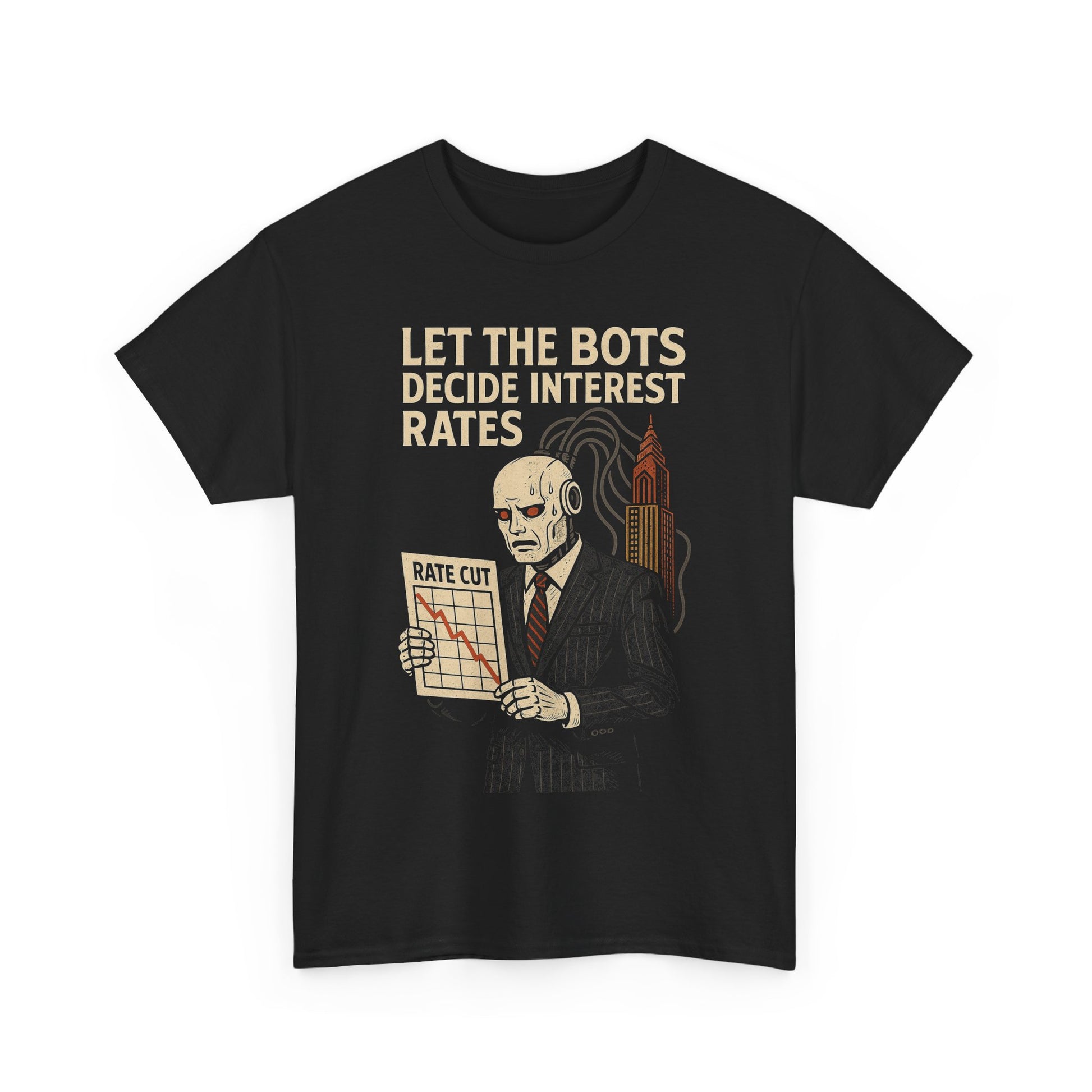 AI Bot Interest Rate Cut Shirt – Satirical Cyberpunk Finance Graphic Tee