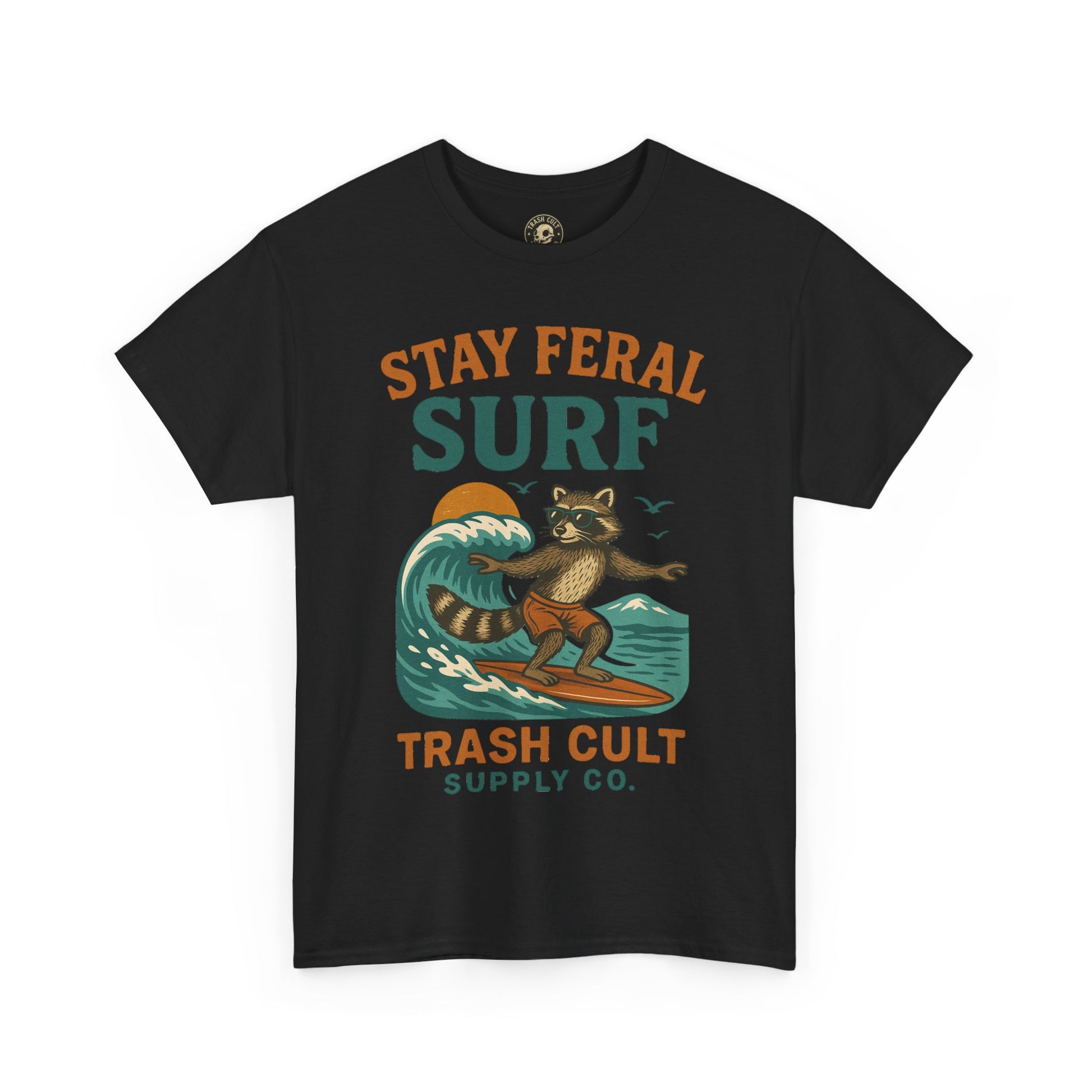 Stay Feral Surf Shirt – Retro Raccoon Beach Tee – Trash Cult Supply Co – Gildan 5000