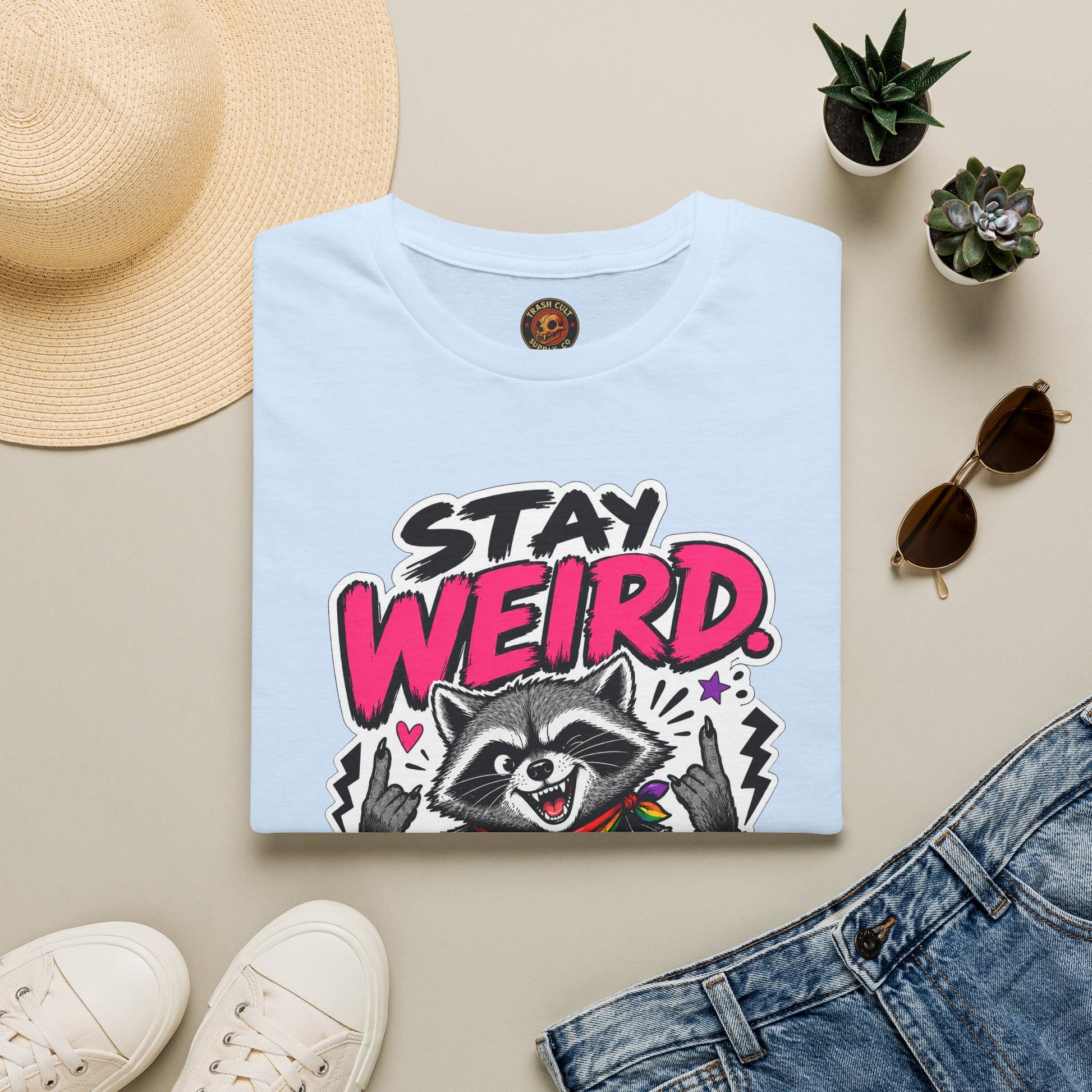 T-Shirt — "Stay Weird" Pride Raccoon Tee (Stay Queer)
