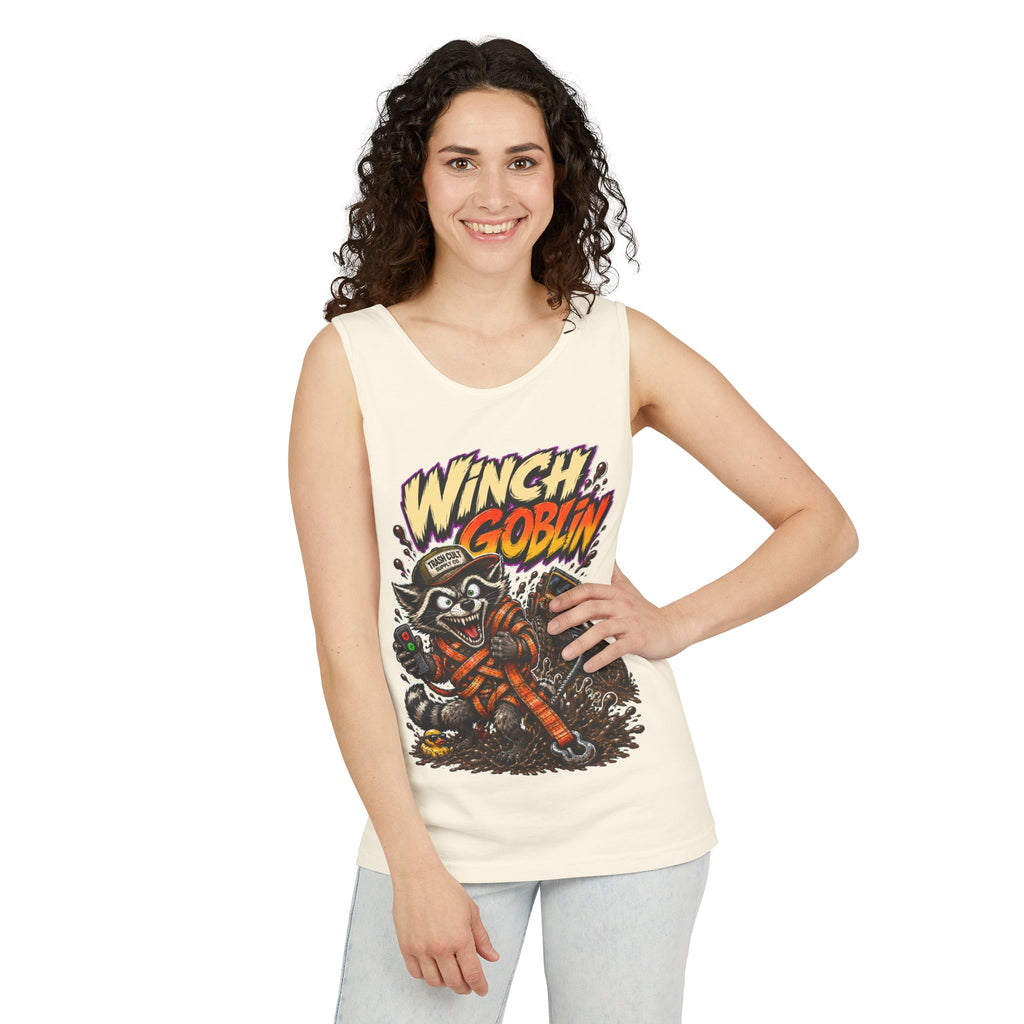 Winch Goblin Graphic Tank Top — Retro Cartoon Mechanic Design