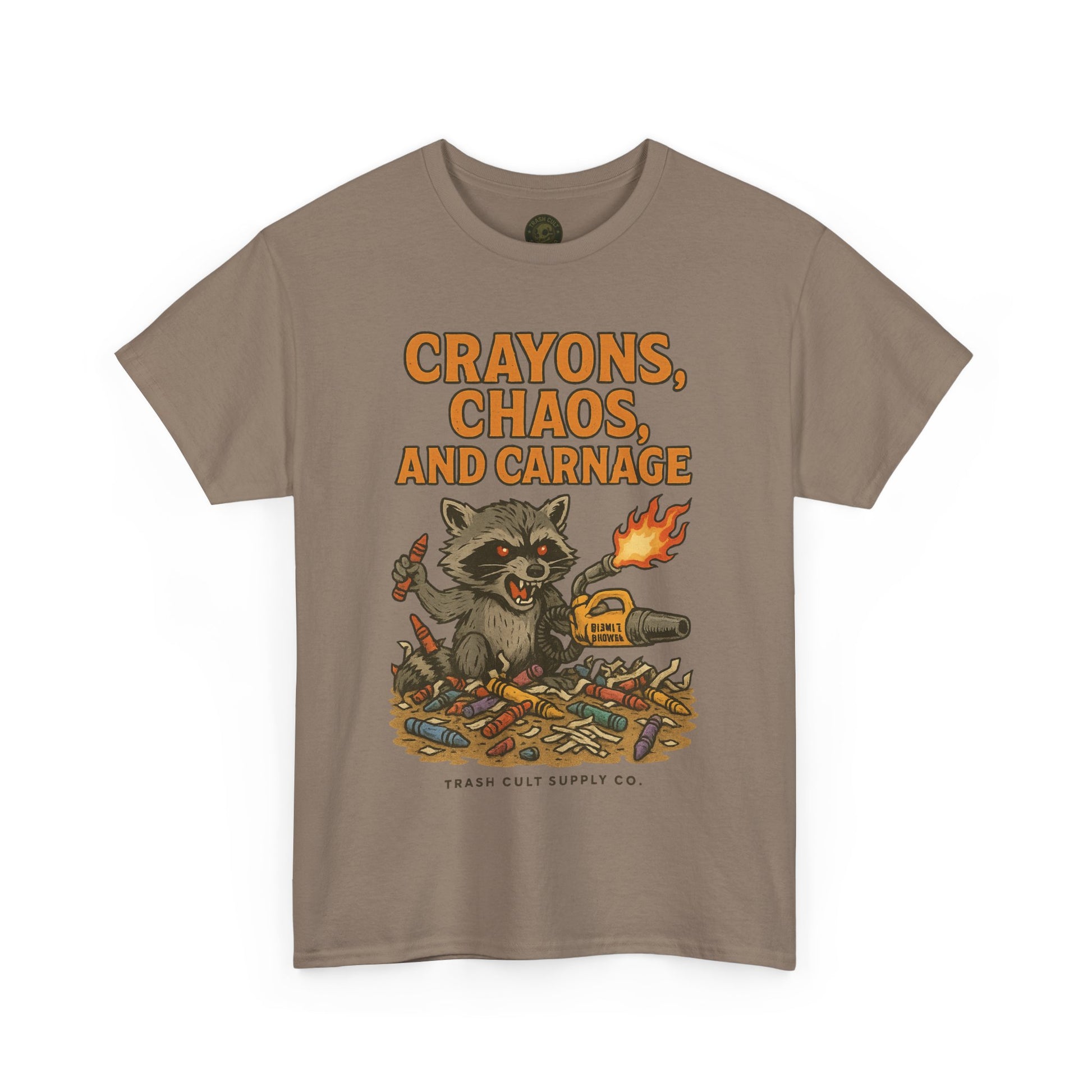 Crayons, Chaos, and Carnage T-Shirt – Dark Humor Raccoon Graphic | Trash Cult Supply Co. | Gildan 5000 Tee