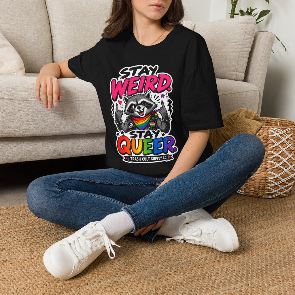 T-Shirt — "Stay Weird" Pride Raccoon Tee (Stay Queer)